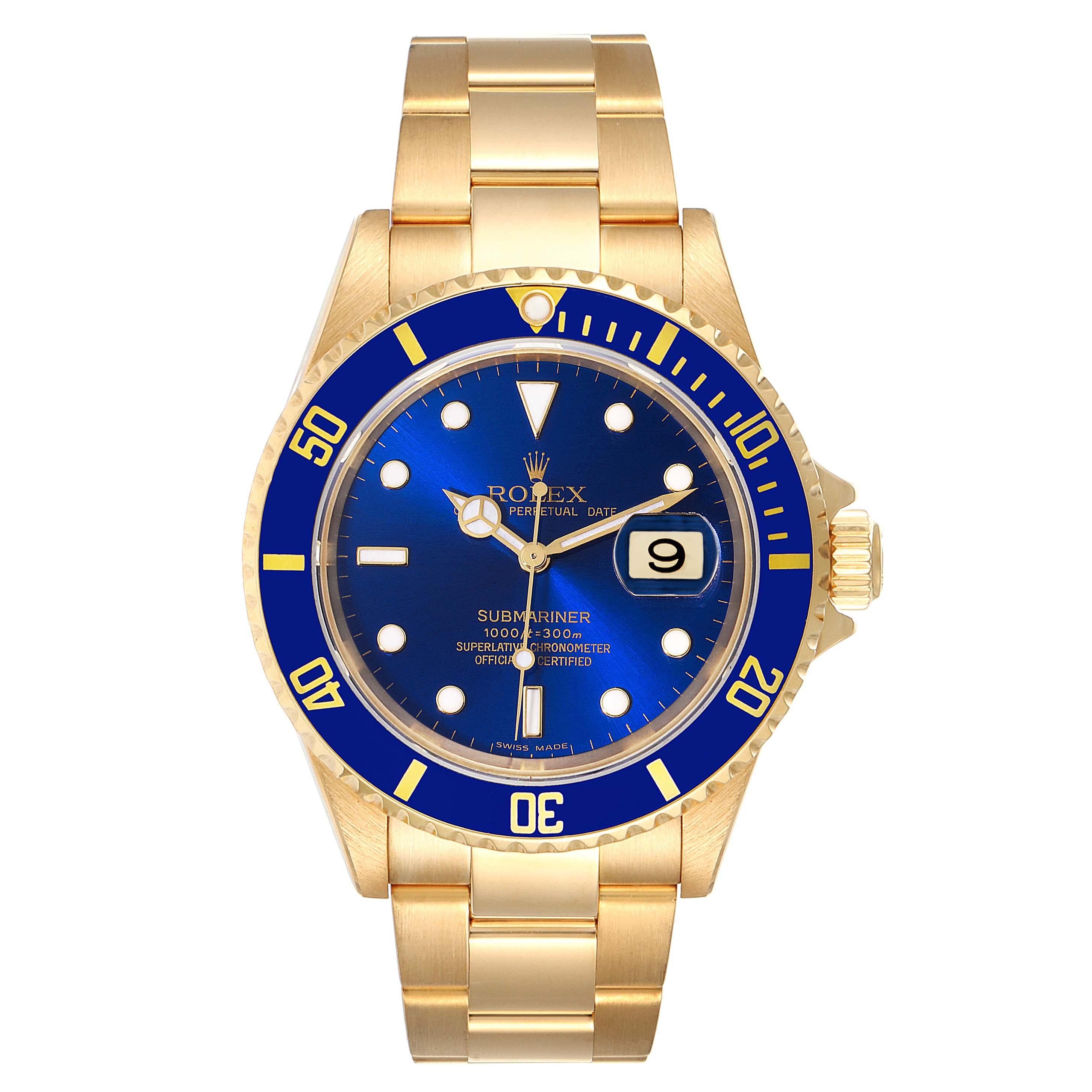 This image shows a frontal view of a Rolex Submariner 16618 Men's Yellow Gold Blue Dial 16618 Men's Yellow Gold Blue Dial watch with a golden bracelet and a blue dial.