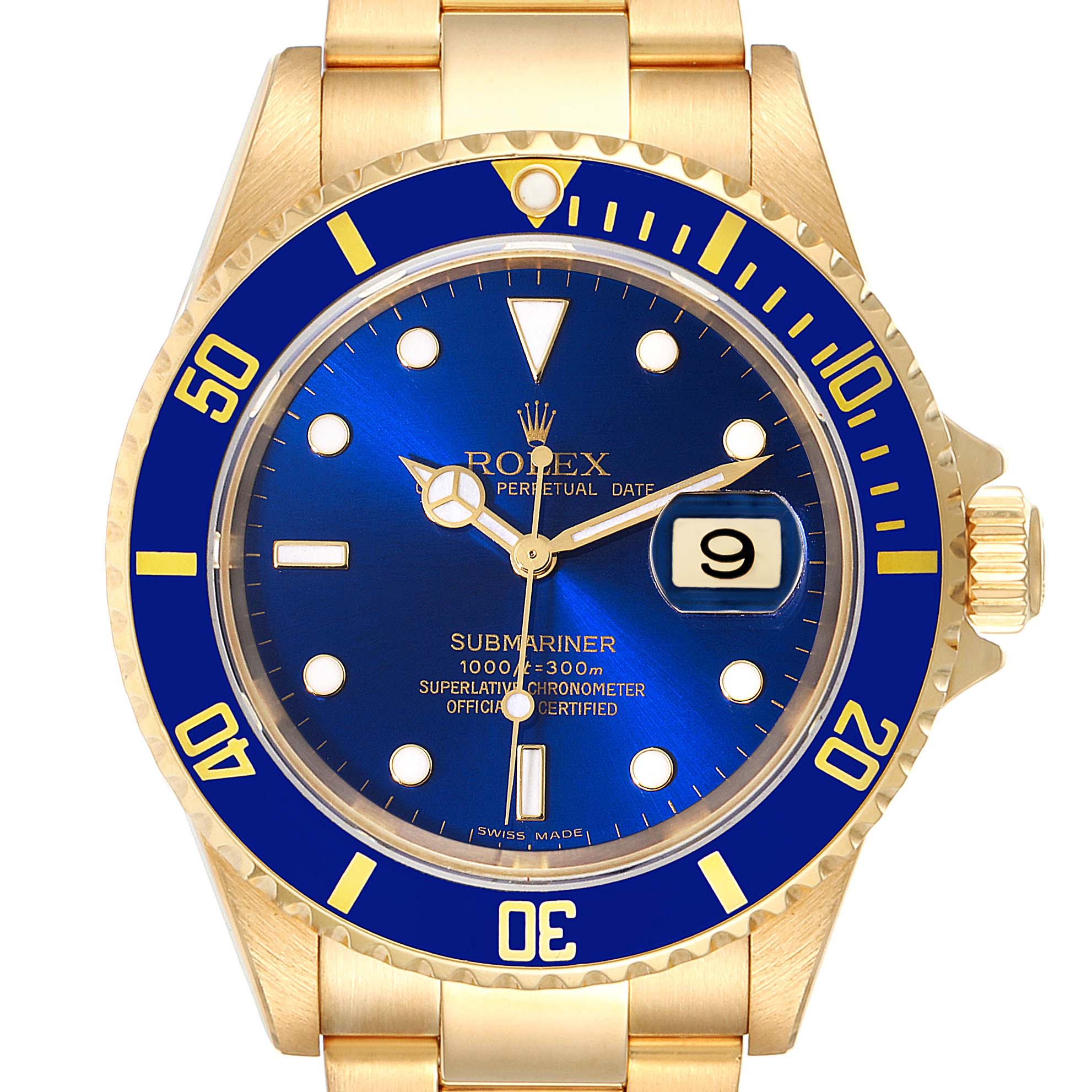 This image shows a front view of the Rolex Submariner 16618 Men's Yellow Gold Blue Dial 16618 Men's Yellow Gold Blue Dial watch with a blue dial, gold casing, and gold bracelet.