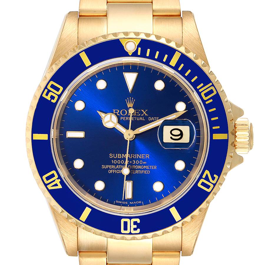 Rolex Submariner Yellow Gold Blue Dial 40mm Mens Watch 16618 Box Papers SwissWatchExpo