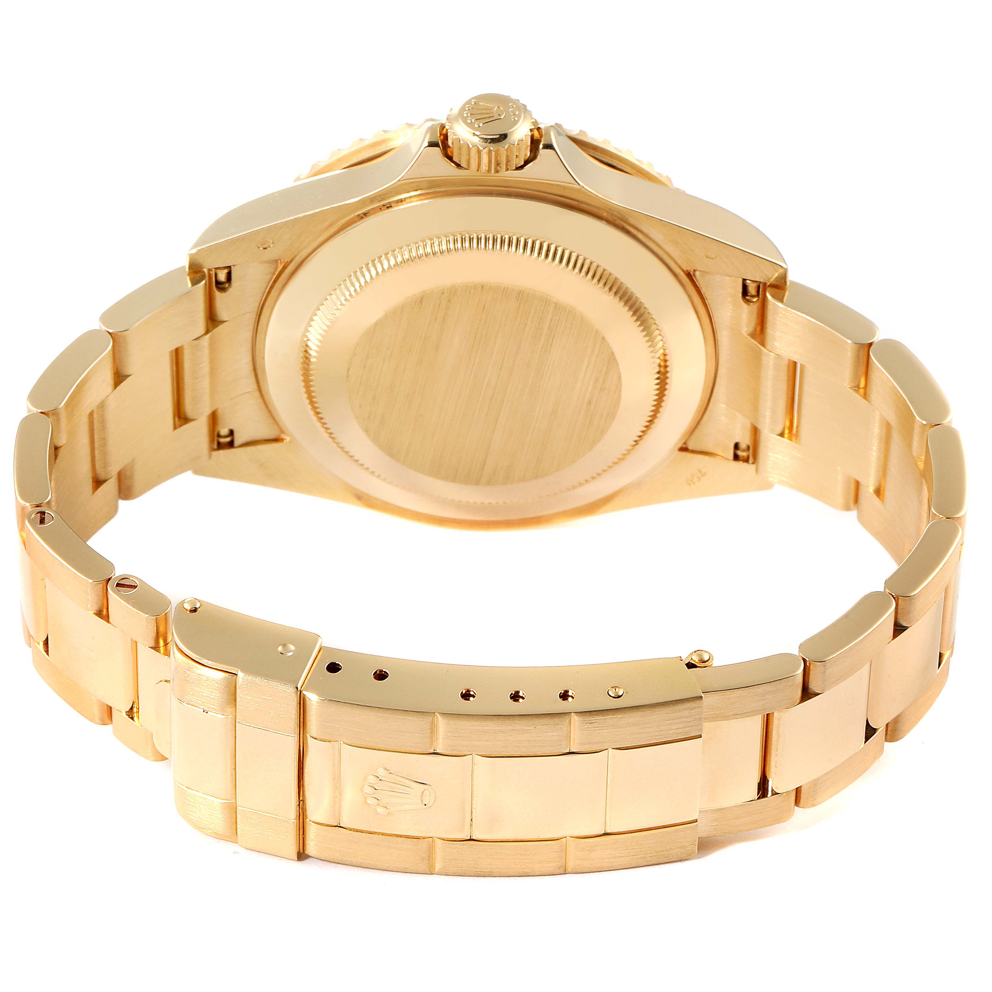 This image shows the back case and bracelet of a Rolex Submariner 16618 Men's Yellow Gold Blue Dial 16618 Men's Yellow Gold Blue Dial watch from a rear angle.