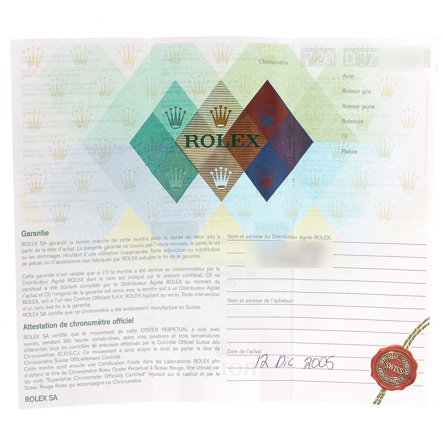 The image shows a warranty certificate for a Rolex Submariner 16618 Men's Yellow Gold Blue Dial 16618 Men's Yellow Gold Blue Dial watch, including the purchase date and official seal.