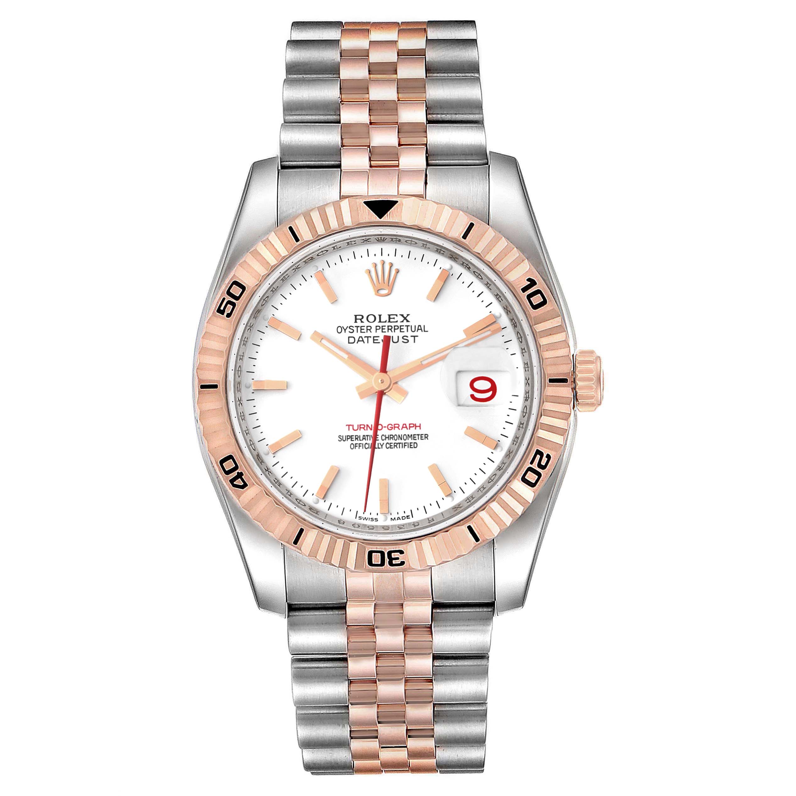 This is a front view of a Rolex Turn-o-Graph 116261 Men
s Steel and Gold (two tone) White Dial 116261 Men
s Steel and Gold (two tone) White Dial showing its dial, bezel, and two-tone bracelet.