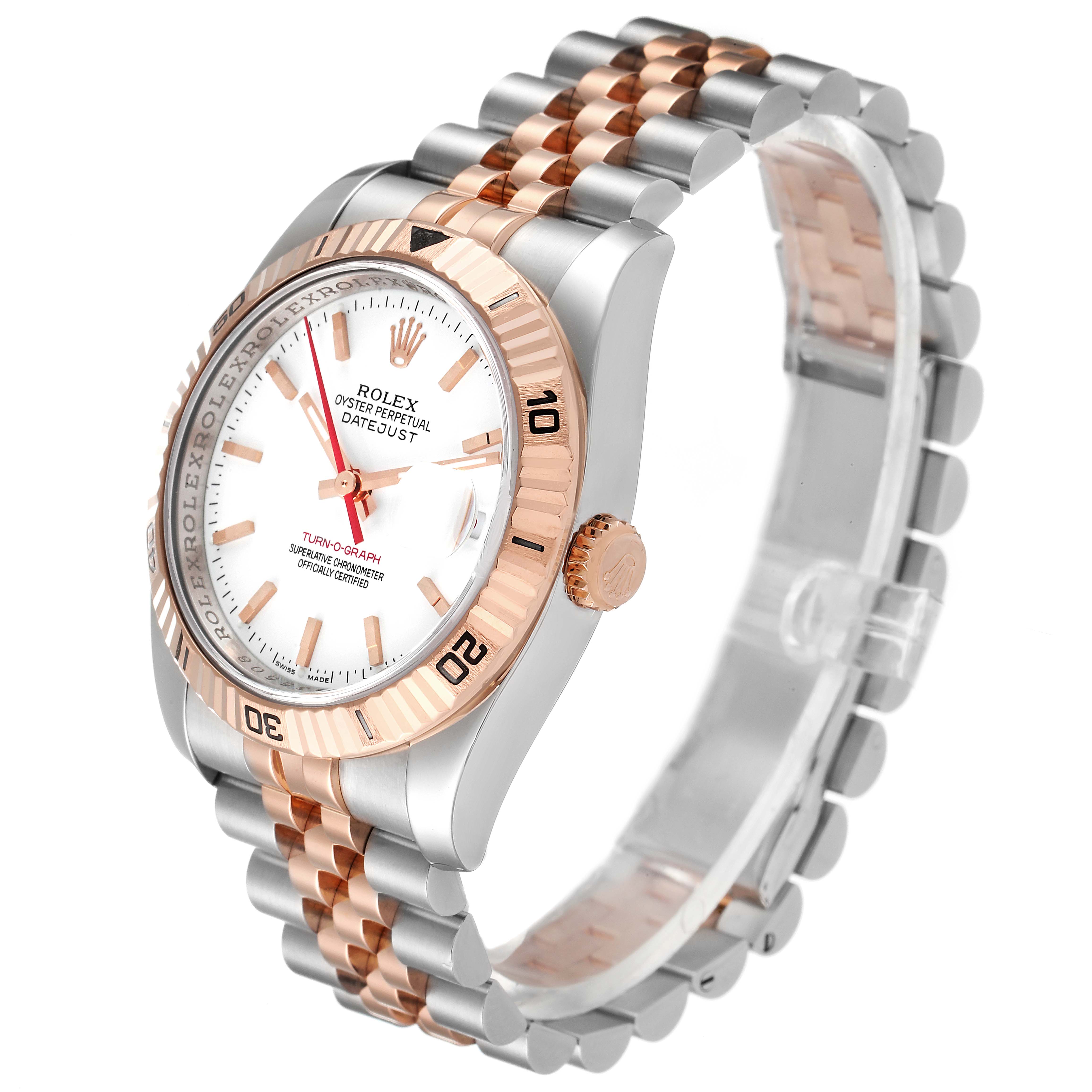 The image shows a Rolex Turn-o-Graph 116261 Men
s Steel and Gold (two tone) White Dial 116261 Men
s Steel and Gold (two tone) White Dial watch at an angled view, highlighting the bezel, dial, bracelet, and crown.