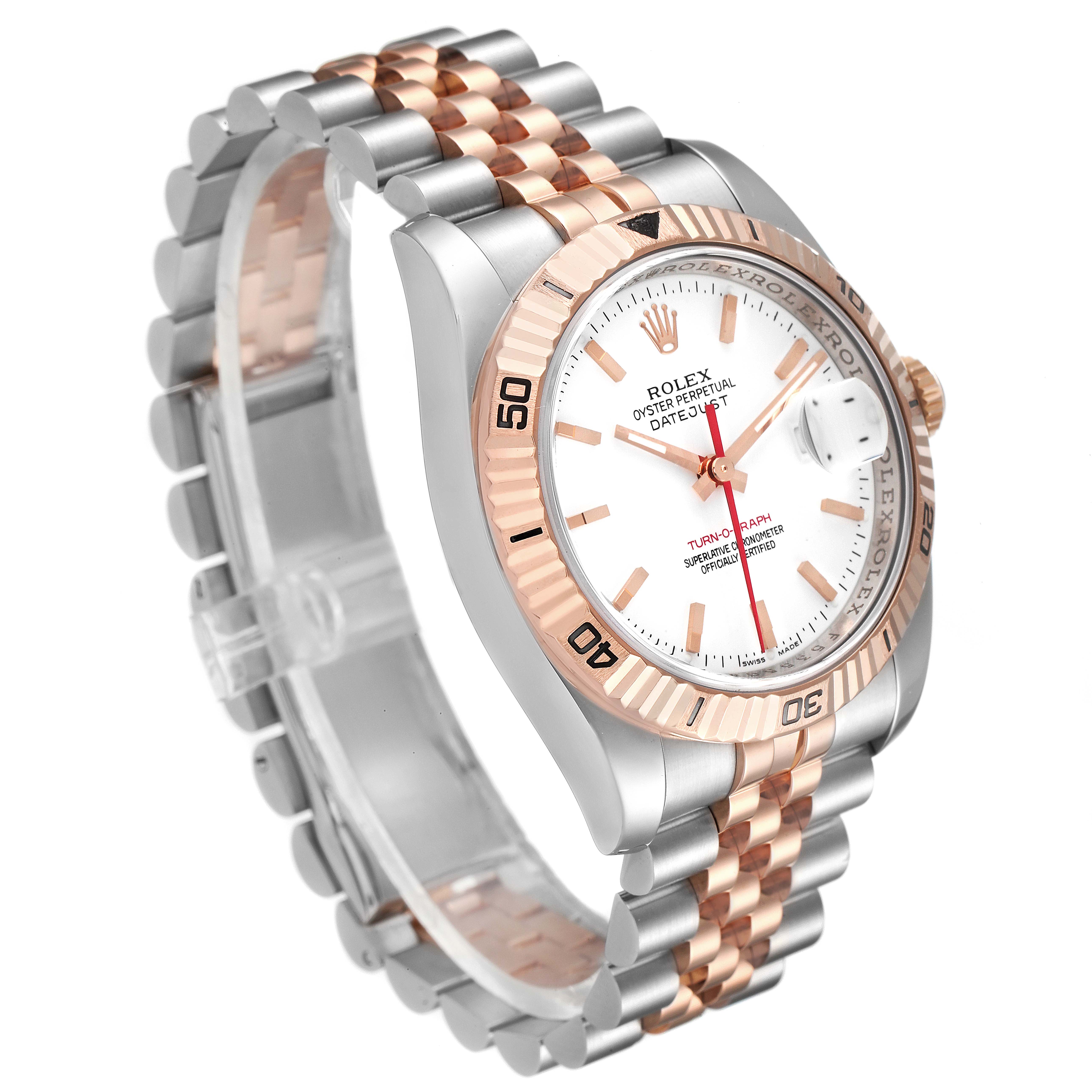 This image shows a Rolex Turn-o-Graph 116261 Men
s Steel and Gold (two tone) White Dial 116261 Men
s Steel and Gold (two tone) White Dial watch angled from the front-left, featuring its bezel, dial, and bracelet.