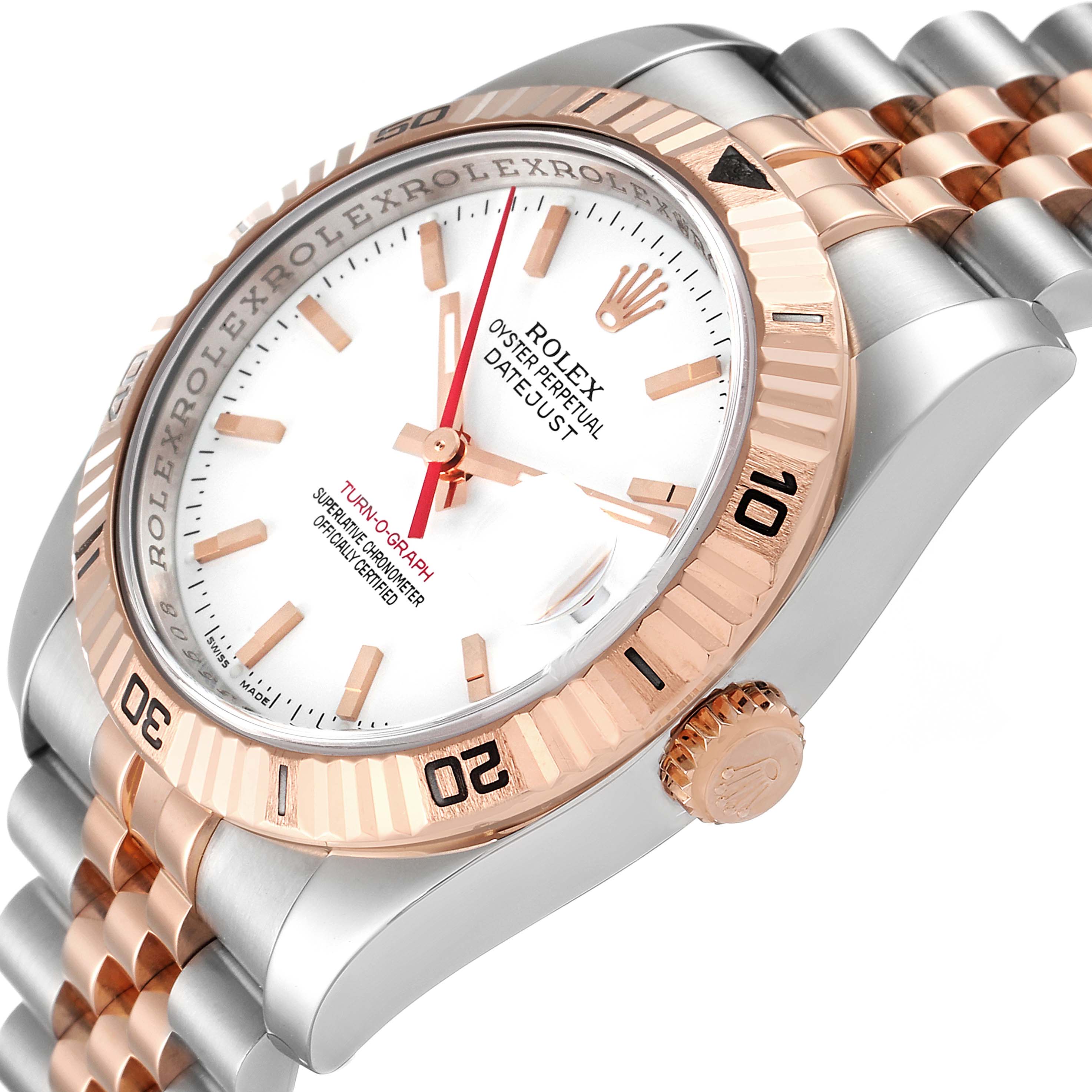 The image shows a close-up angle of the Rolex Turn-o-Graph 116261 Men
s Steel and Gold (two tone) White Dial 116261 Men
s Steel and Gold (two tone) White Dial watch, highlighting the bezel, crown, dial, and part of the bracelet.