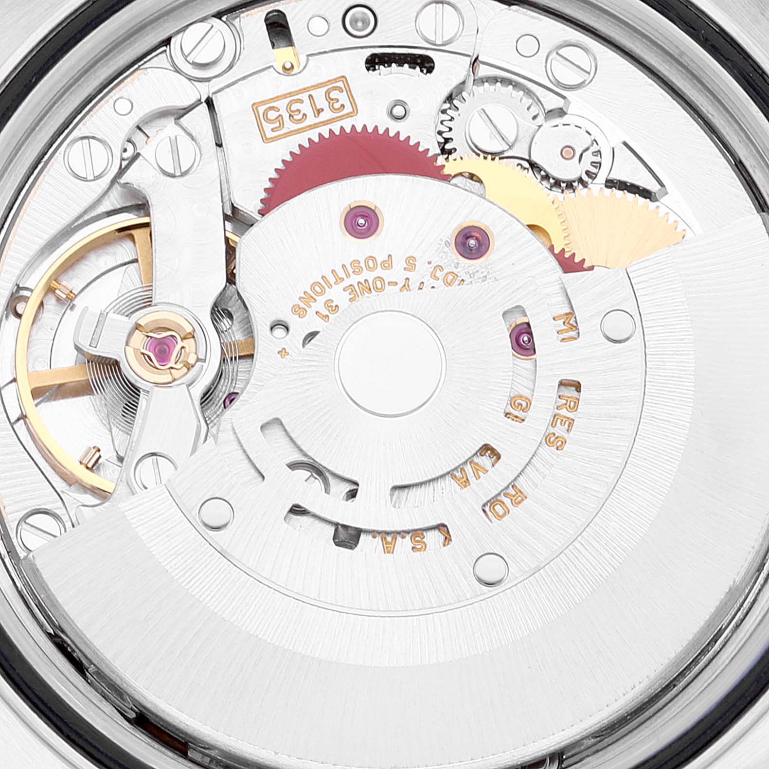 This image shows the intricate movement mechanism of the Rolex Turn-o-Graph 16264 Men
s Stainless Steel Pink Dial 16264 Men
s Stainless Steel Pink Dial watch at a close-up angle.