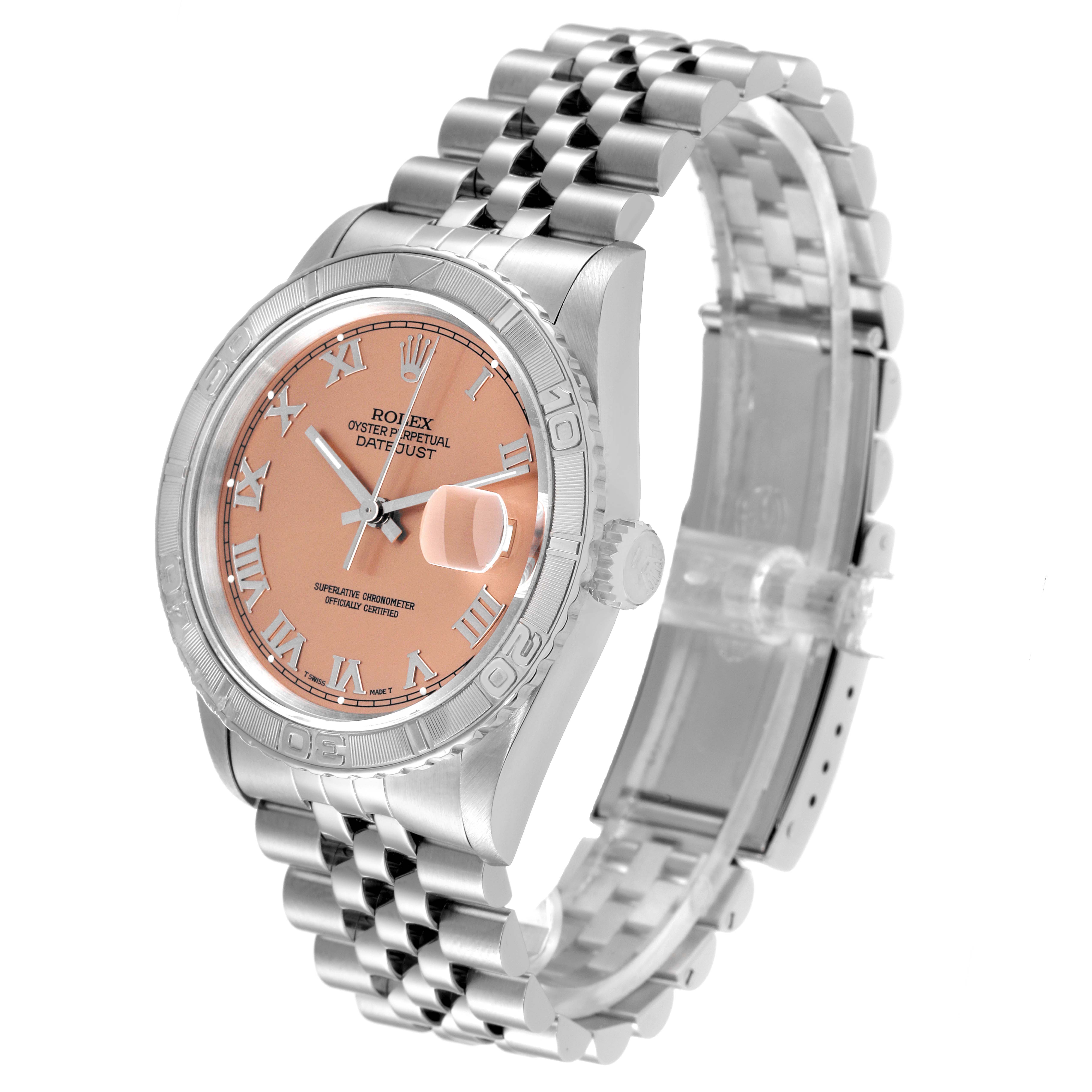 This image shows a Rolex Turn-o-Graph 16264 Men
s Stainless Steel Pink Dial 16264 Men
s Stainless Steel Pink Dial model from a slightly tilted front angle, highlighting the face, bezel, crown, and metal bracelet.