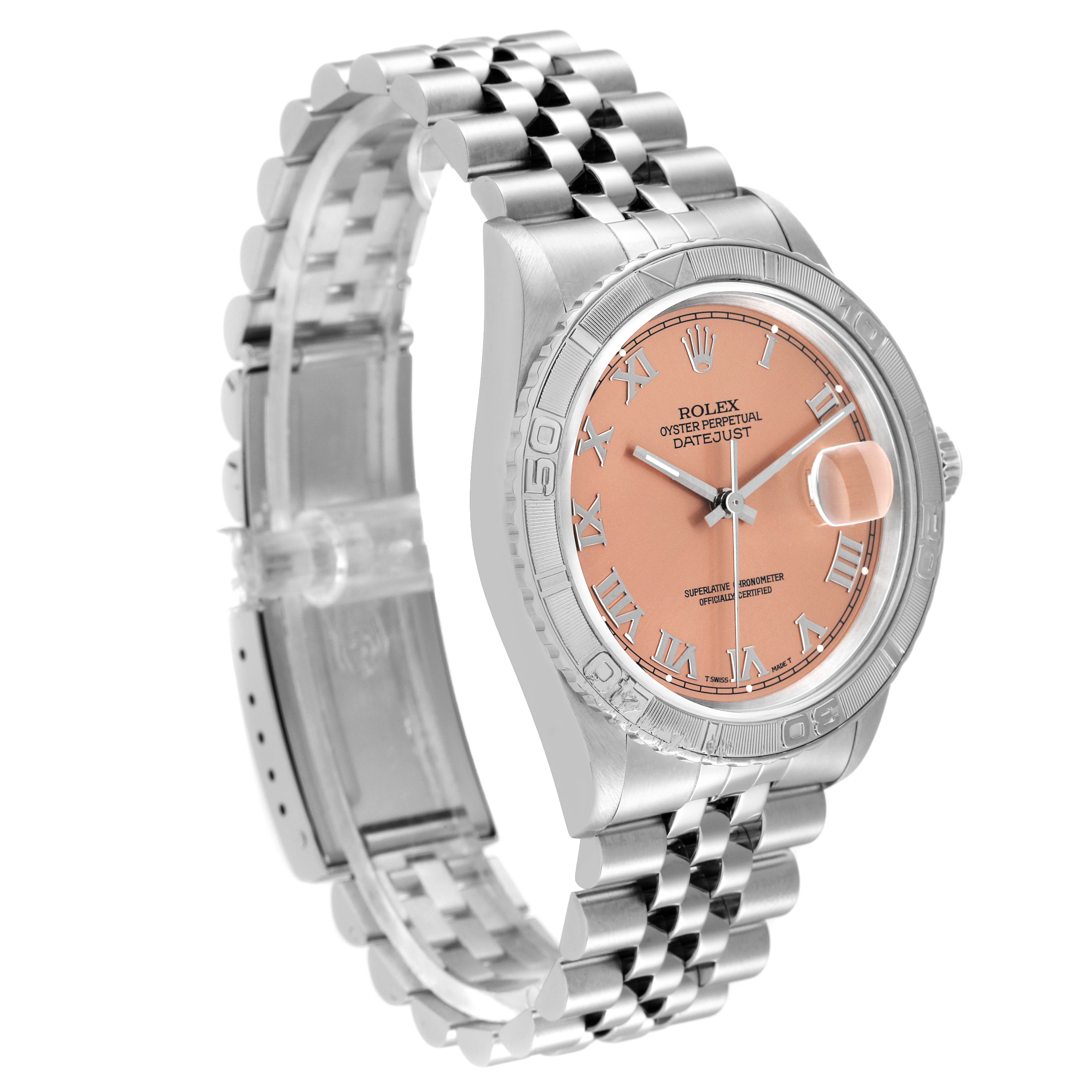 This Rolex Turn-o-Graph 16264 Men
s Stainless Steel Pink Dial 16264 Men
s Stainless Steel Pink Dial model watch is shown at an angled side view displaying its dial, bezel, bracelet, and clasp.