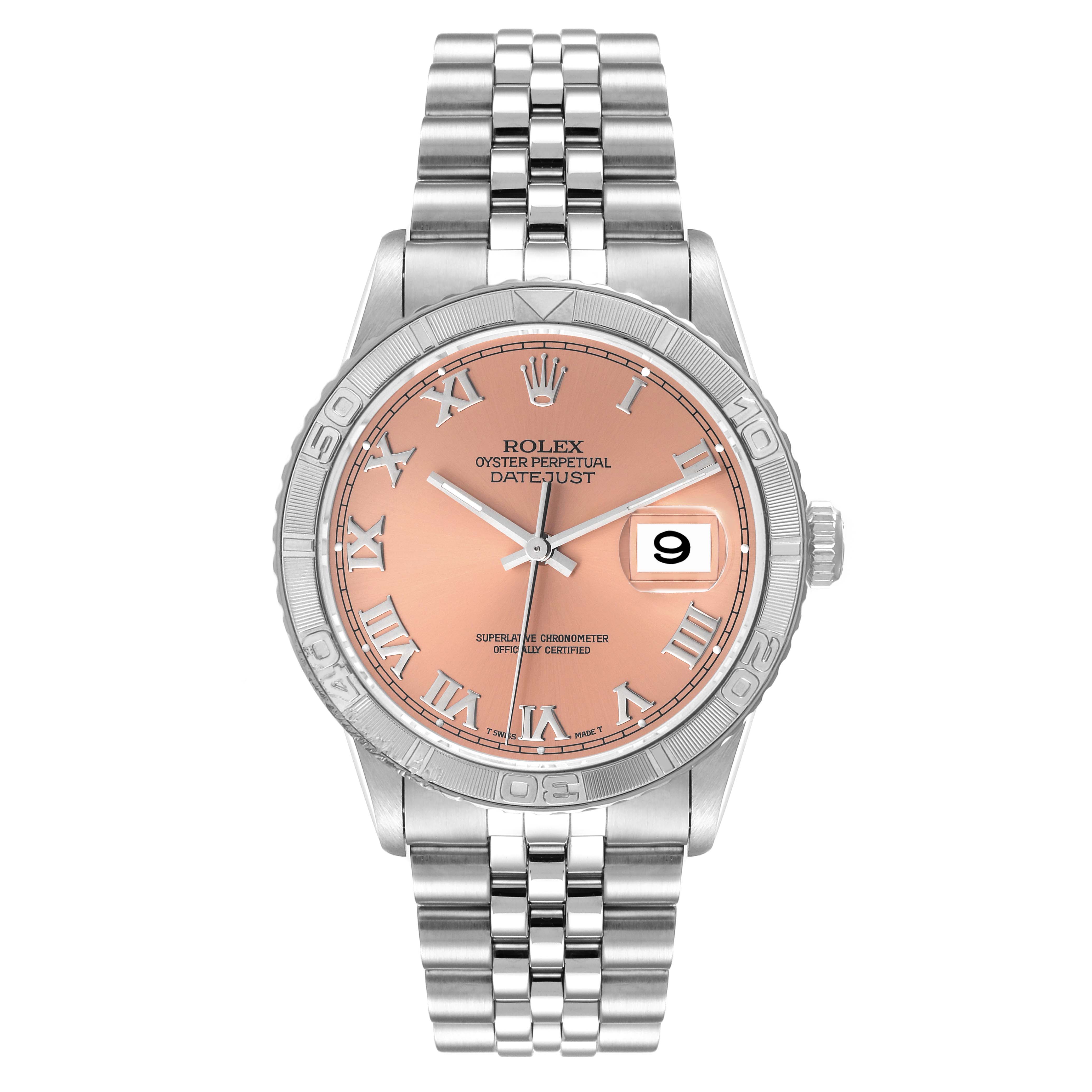 This Rolex Turn-o-Graph 16264 Men
s Stainless Steel Pink Dial 16264 Men
s Stainless Steel Pink Dial model watch is shown from the front, displaying the face, bezel, and bracelet.