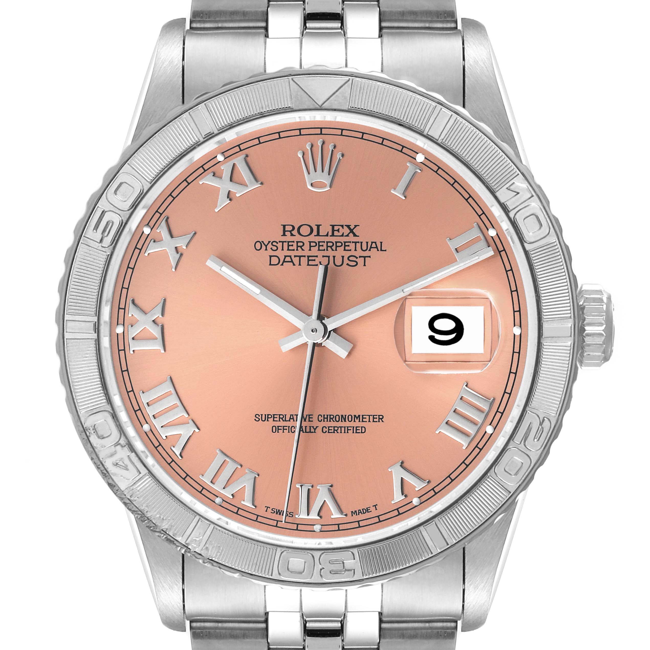 This image shows a front view of a Rolex Turn-o-Graph 16264 Men
s Stainless Steel Pink Dial 16264 Men
s Stainless Steel Pink Dial watch, highlighting the peach-colored dial, date display, and stainless steel case and bracelet.