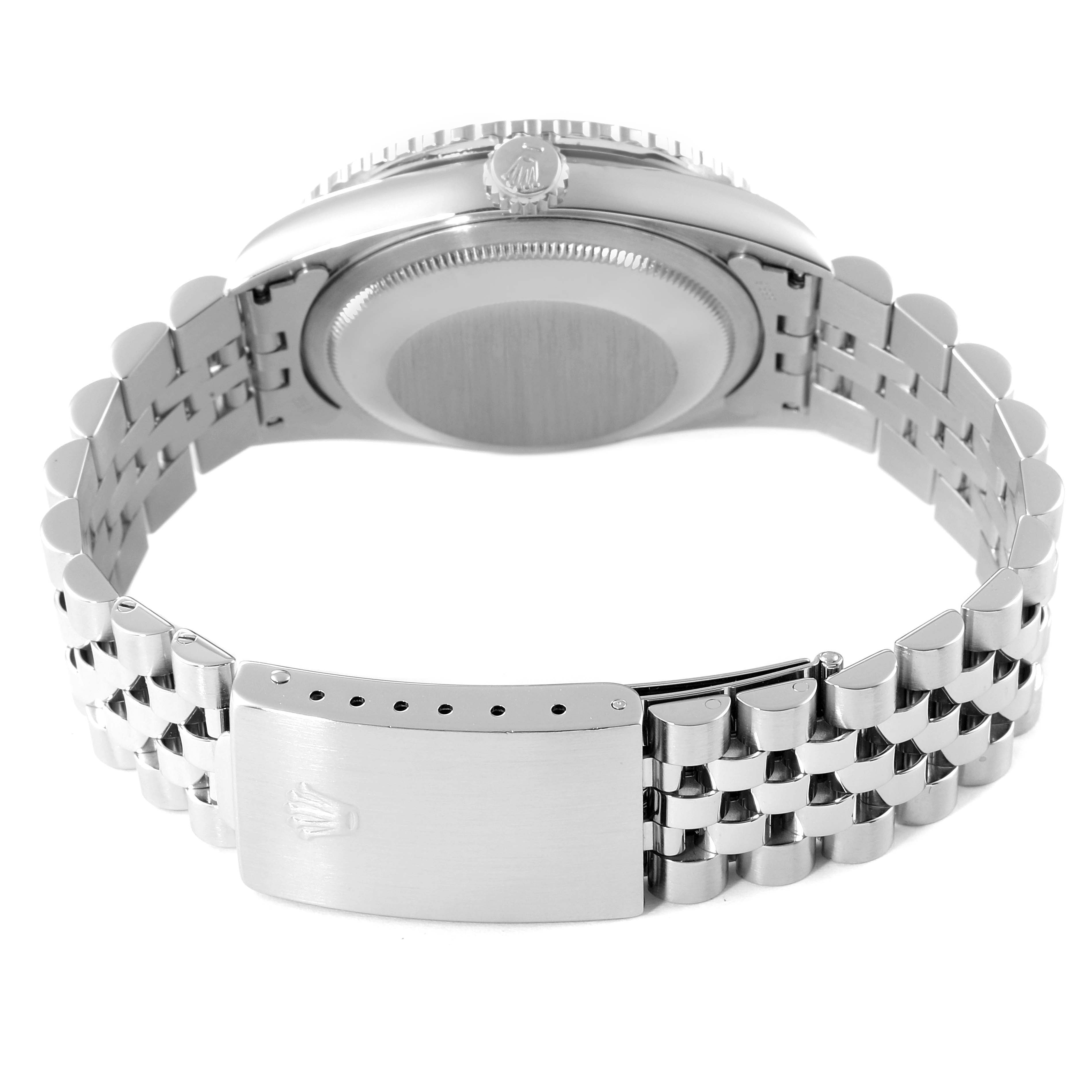 The image shows the back view of a Rolex Turn-o-Graph 16264 Men
s Stainless Steel Pink Dial 16264 Men
s Stainless Steel Pink Dial watch, highlighting the stainless steel case, bracelet, and clasp.