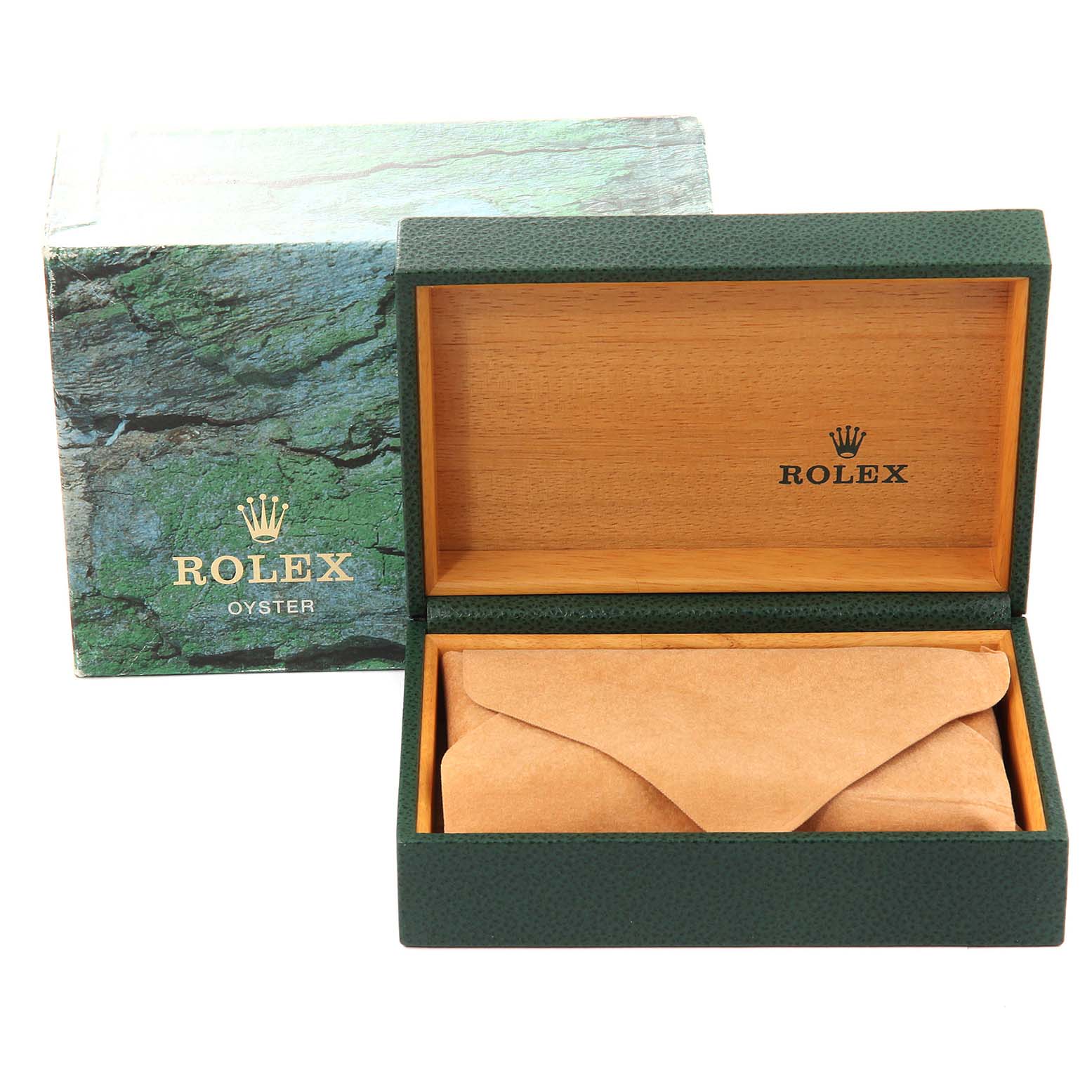This image shows the box and packaging for a Rolex Turn-o-Graph 16264 Men
s Stainless Steel Silver Dial 16264 Men
s Stainless Steel Silver Dial watch, with the watch not visible inside the closed suede pouch.