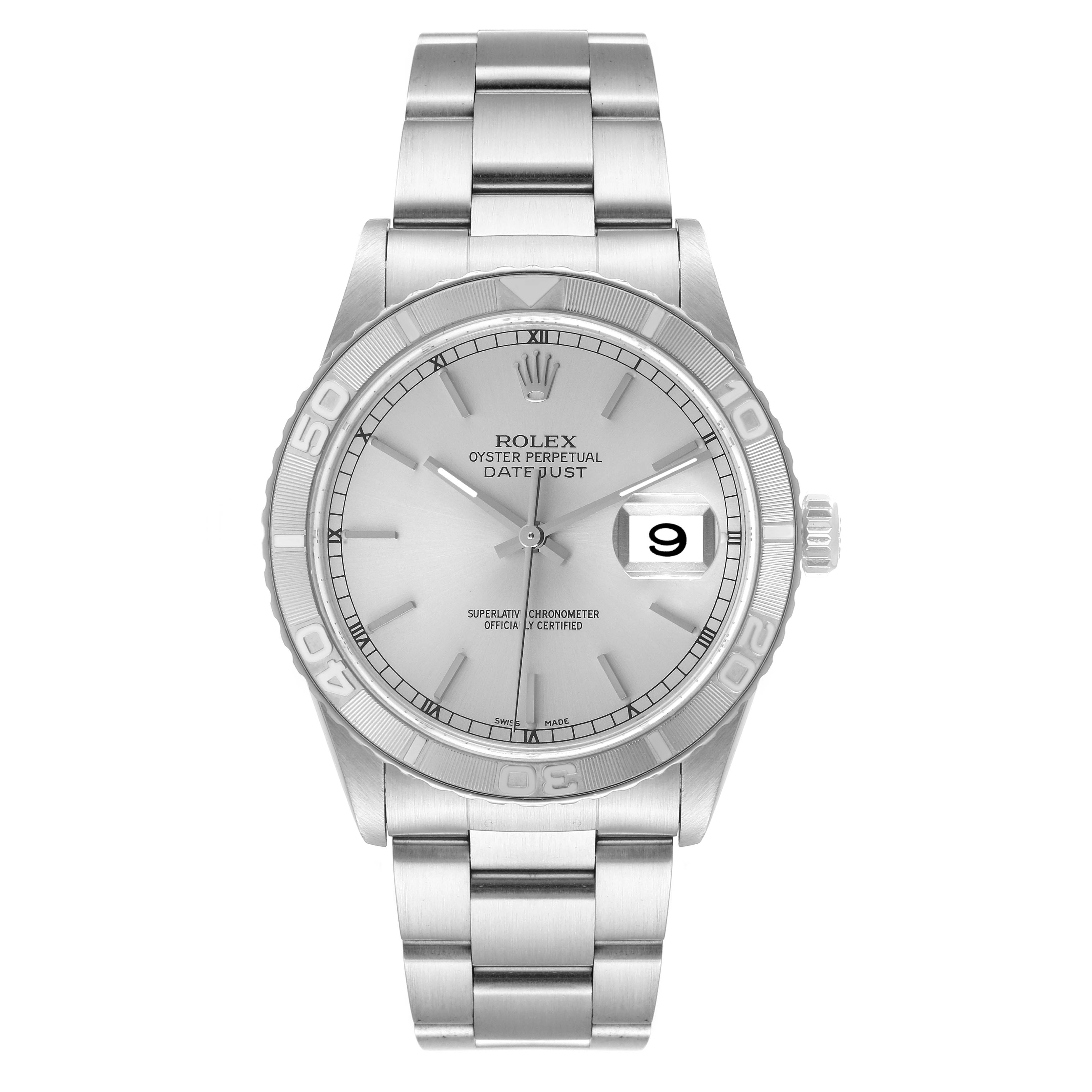The image shows a front view of a Rolex Turn-o-Graph 16264 Men
s Stainless Steel Silver Dial 16264 Men
s Stainless Steel Silver Dial watch displaying its dial, bezel, bracelet, and crown.
