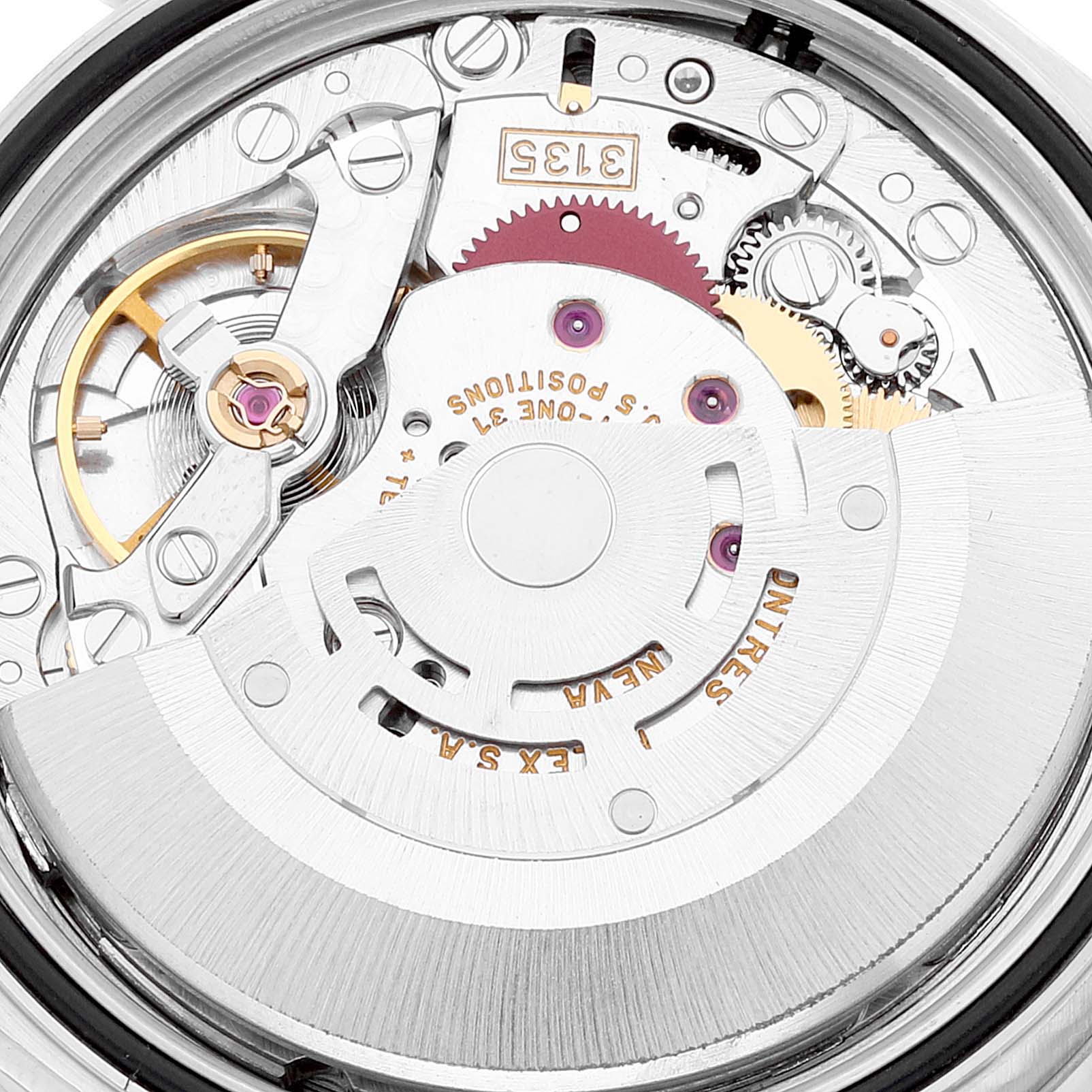This image shows the intricate internal mechanics of the Rolex Turn-o-Graph 16264 Men
s Stainless Steel Silver Dial 16264 Men
s Stainless Steel Silver Dial watch, viewed from the back.