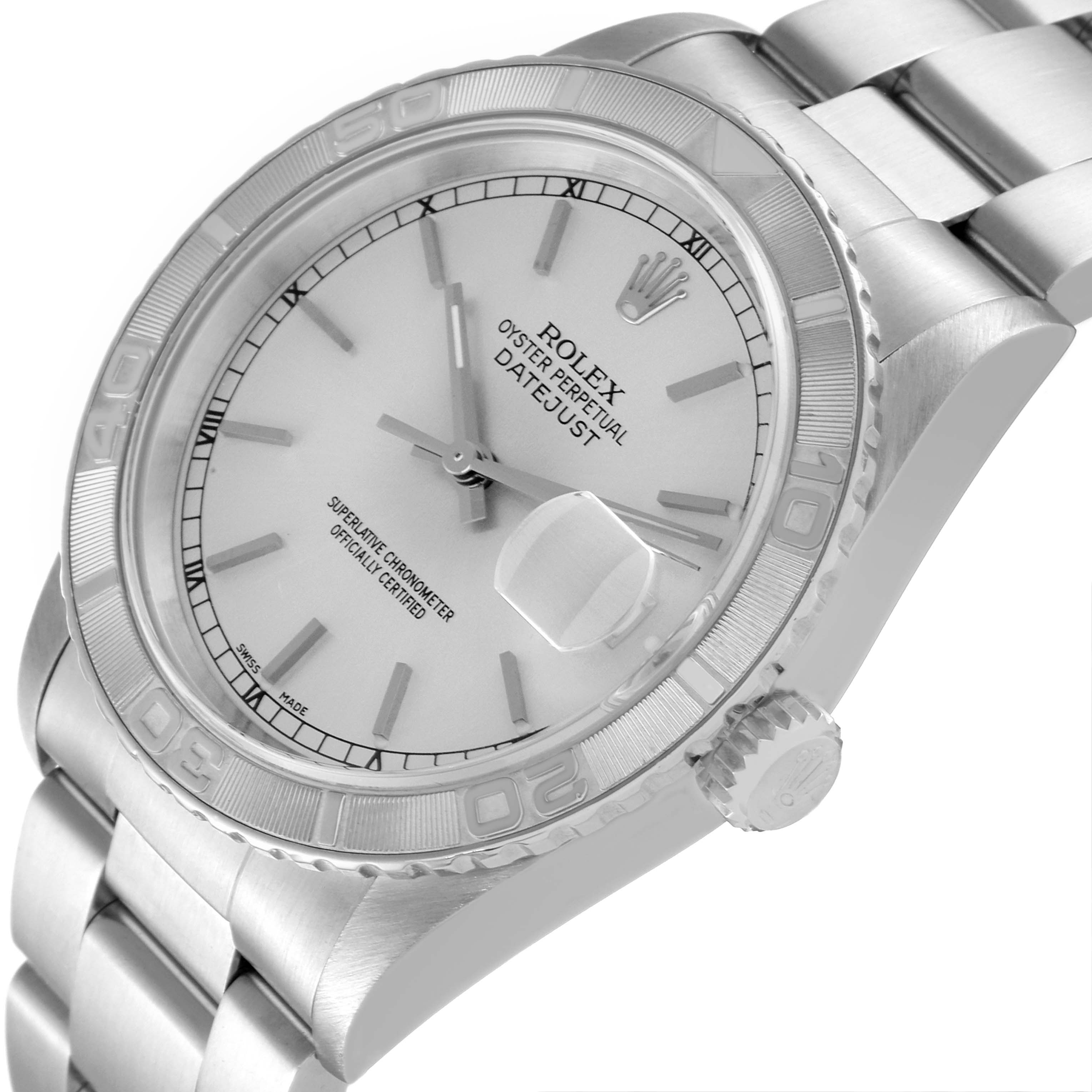 This Rolex Turn-o-Graph 16264 Men
s Stainless Steel Silver Dial 16264 Men
s Stainless Steel Silver Dial watch is shown at a slight angle, highlighting the dial, bezel, crown, and part of the bracelet.