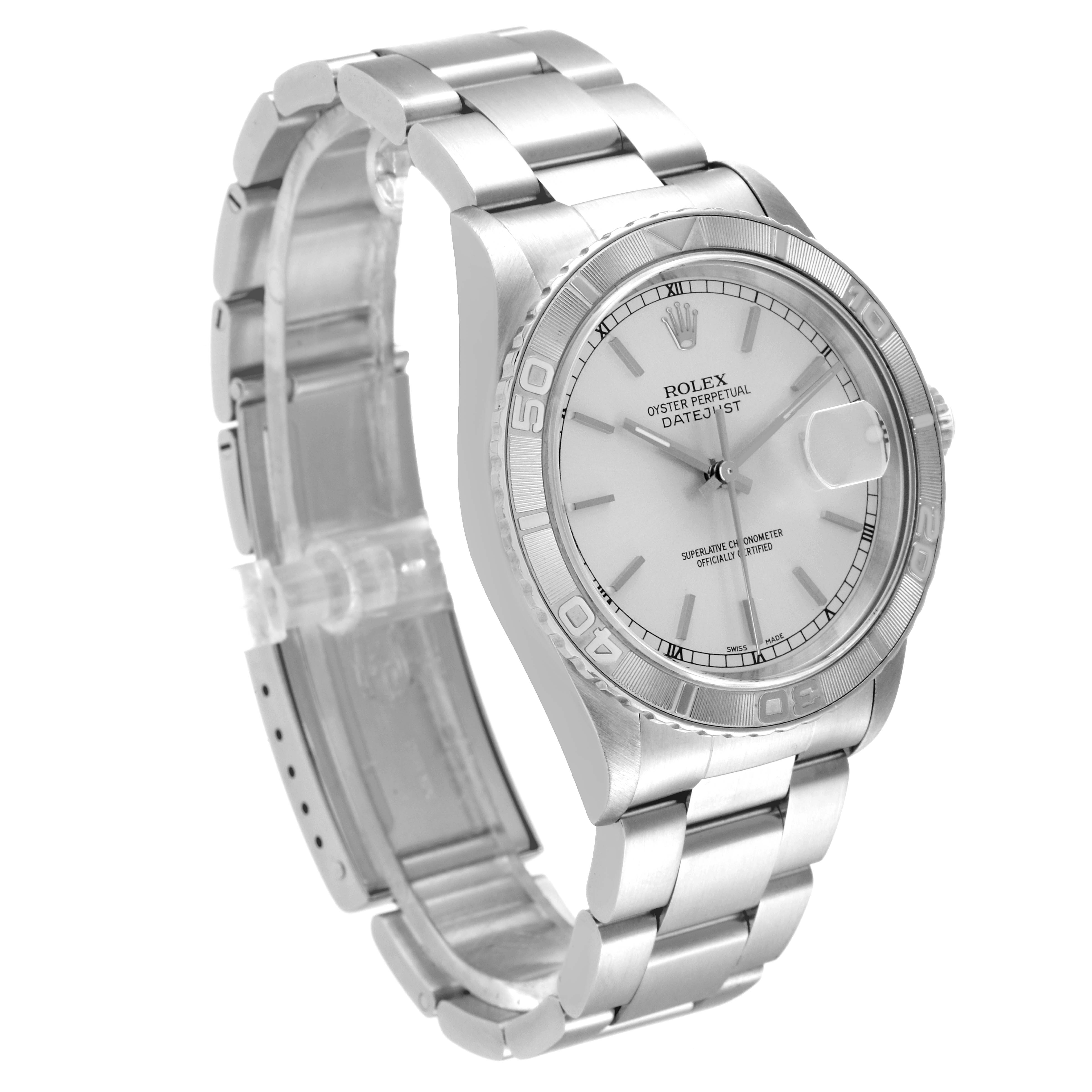 The Rolex Turn-o-Graph 16264 Men
s Stainless Steel Silver Dial 16264 Men
s Stainless Steel Silver Dial watch is shown at an angled view highlighting its face, bezel, and metal bracelet.