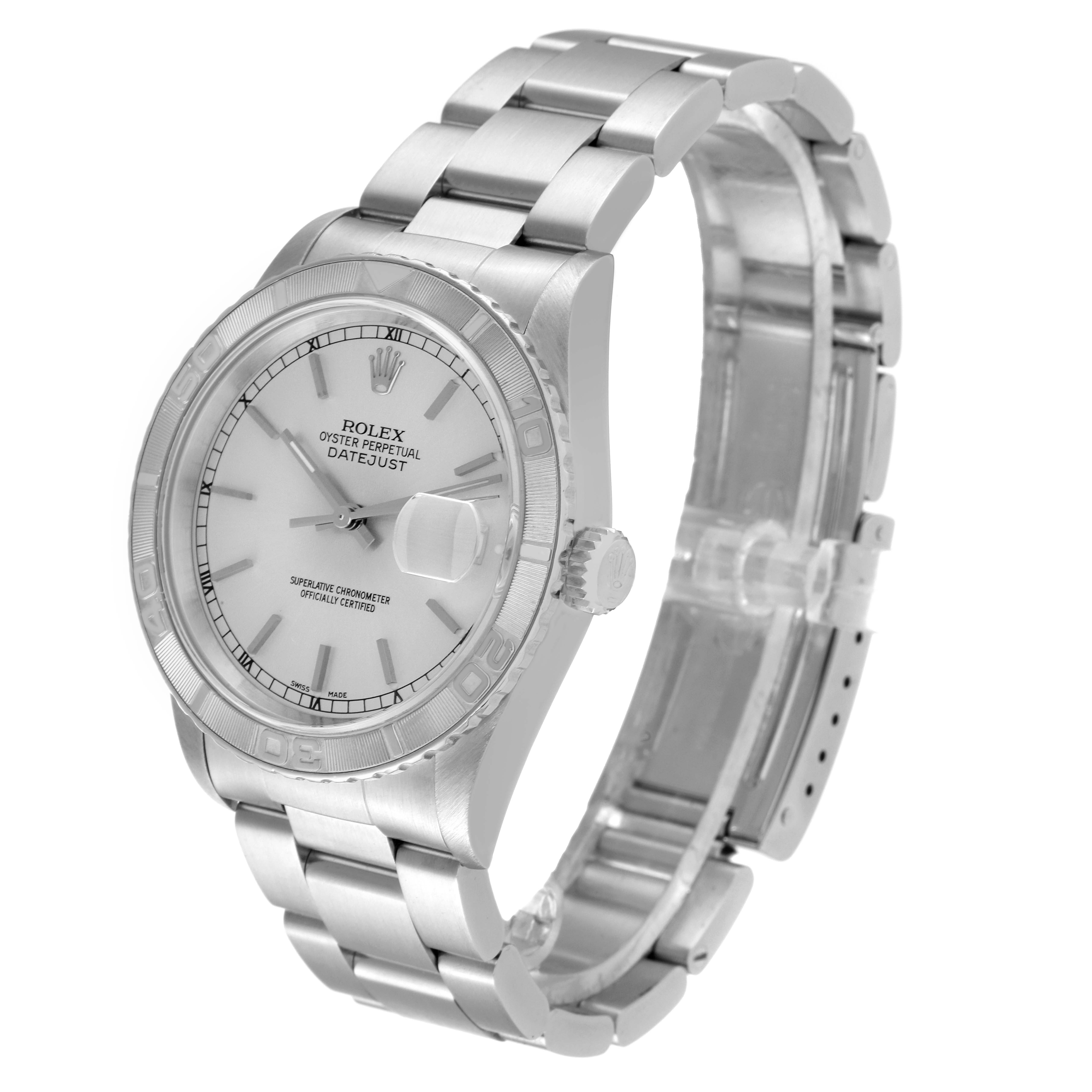 This image shows a Rolex Turn-o-Graph 16264 Men
s Stainless Steel Silver Dial 16264 Men
s Stainless Steel Silver Dial watch angled to display the face, bezel, crown, and metal bracelet.