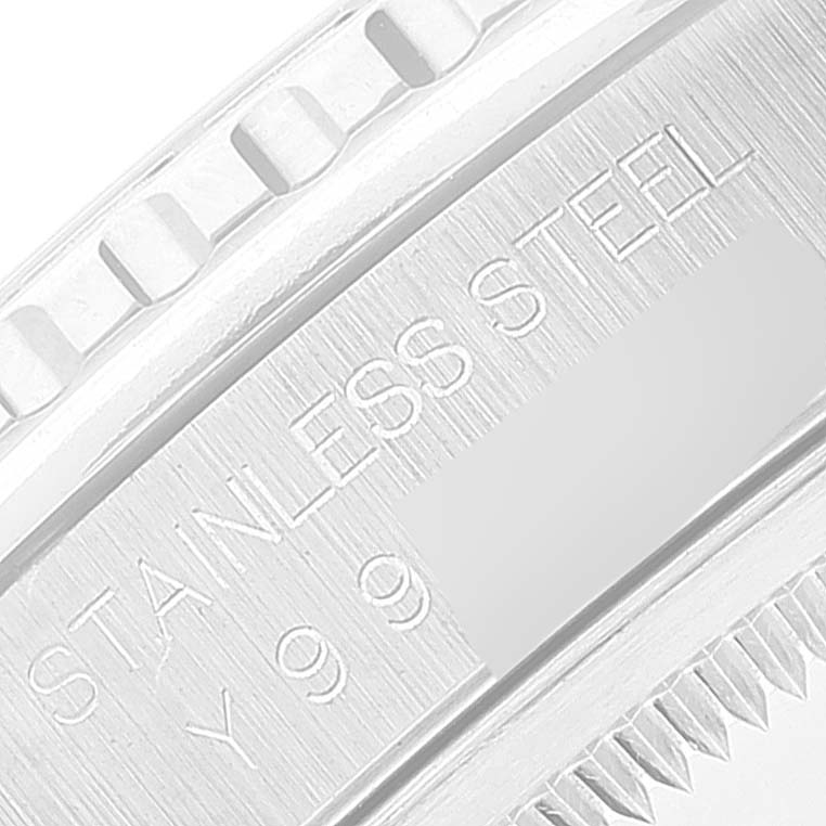 This close-up of the Rolex Turn-o-Graph 16264 Men
s Stainless Steel Silver Dial 16264 Men
s Stainless Steel Silver Dial model showcases the stainless steel engraving and part of the bezel.