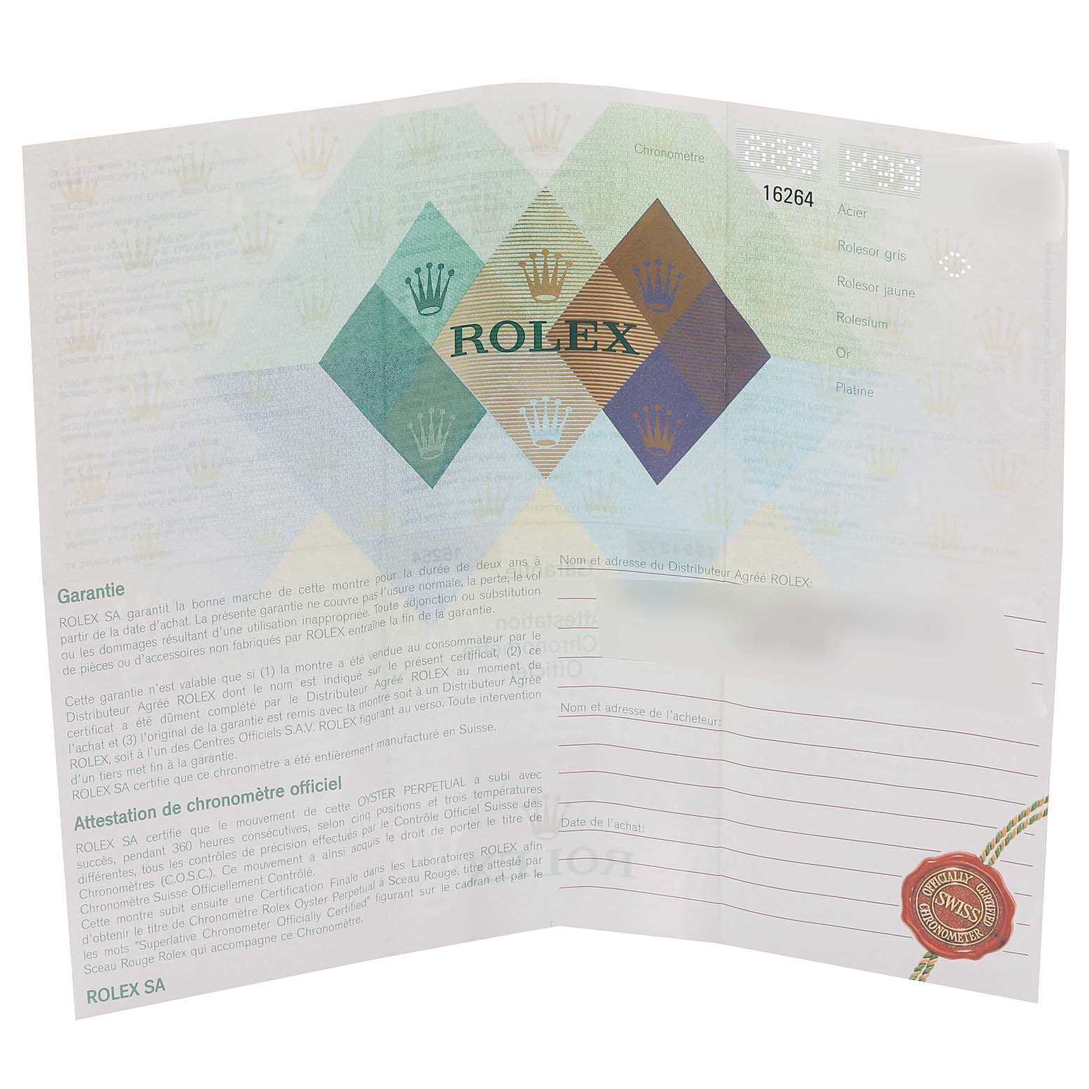 The image shows the warranty card for the Rolex Turn-o-Graph 16264 Men
s Stainless Steel Silver Dial 16264 Men
s Stainless Steel Silver Dial model, including brand information and purchase details.