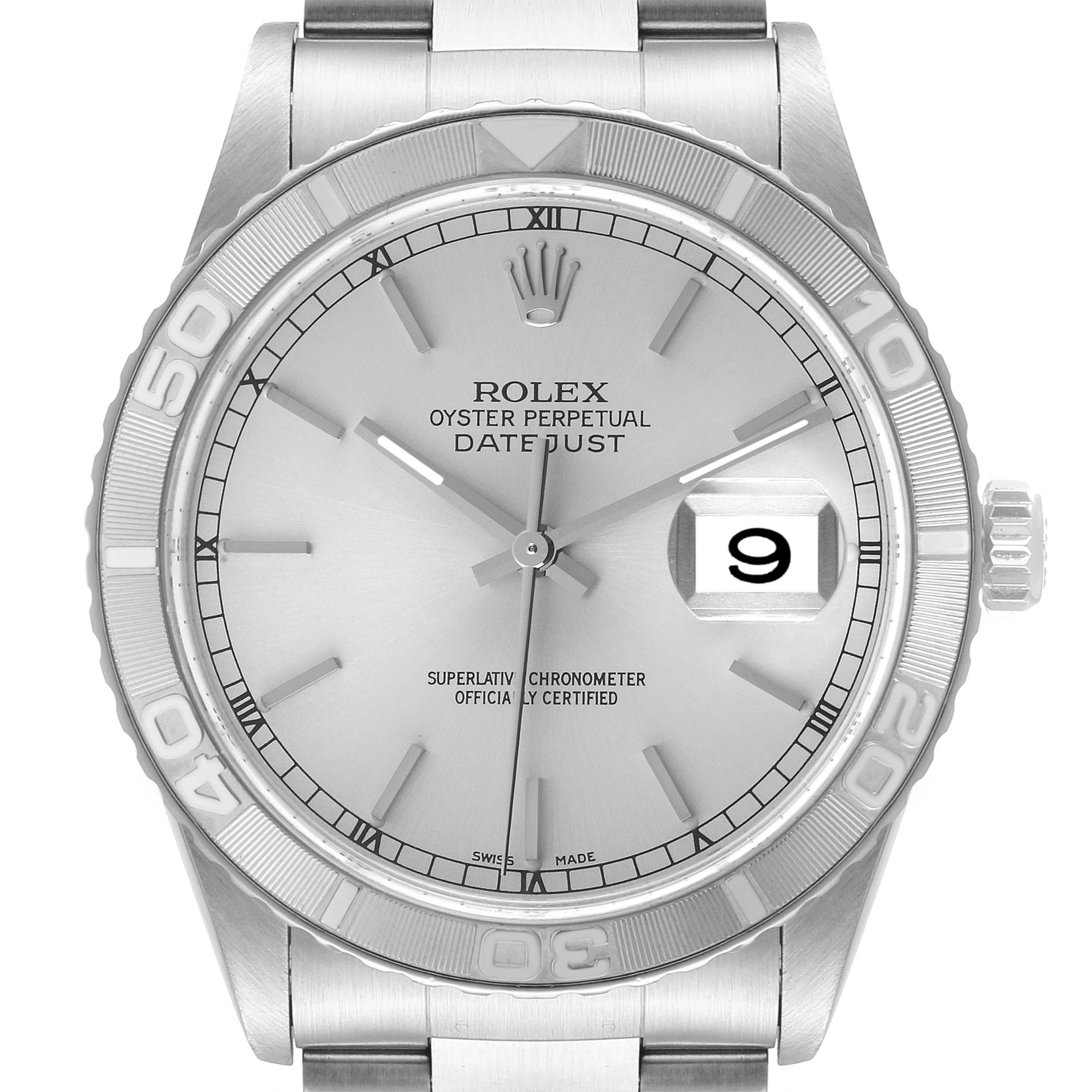 The image shows a front view of a Rolex Turn-o-Graph 16264 Men
s Stainless Steel Silver Dial 16264 Men
s Stainless Steel Silver Dial watch, showcasing its dial, bezel, and bracelet.