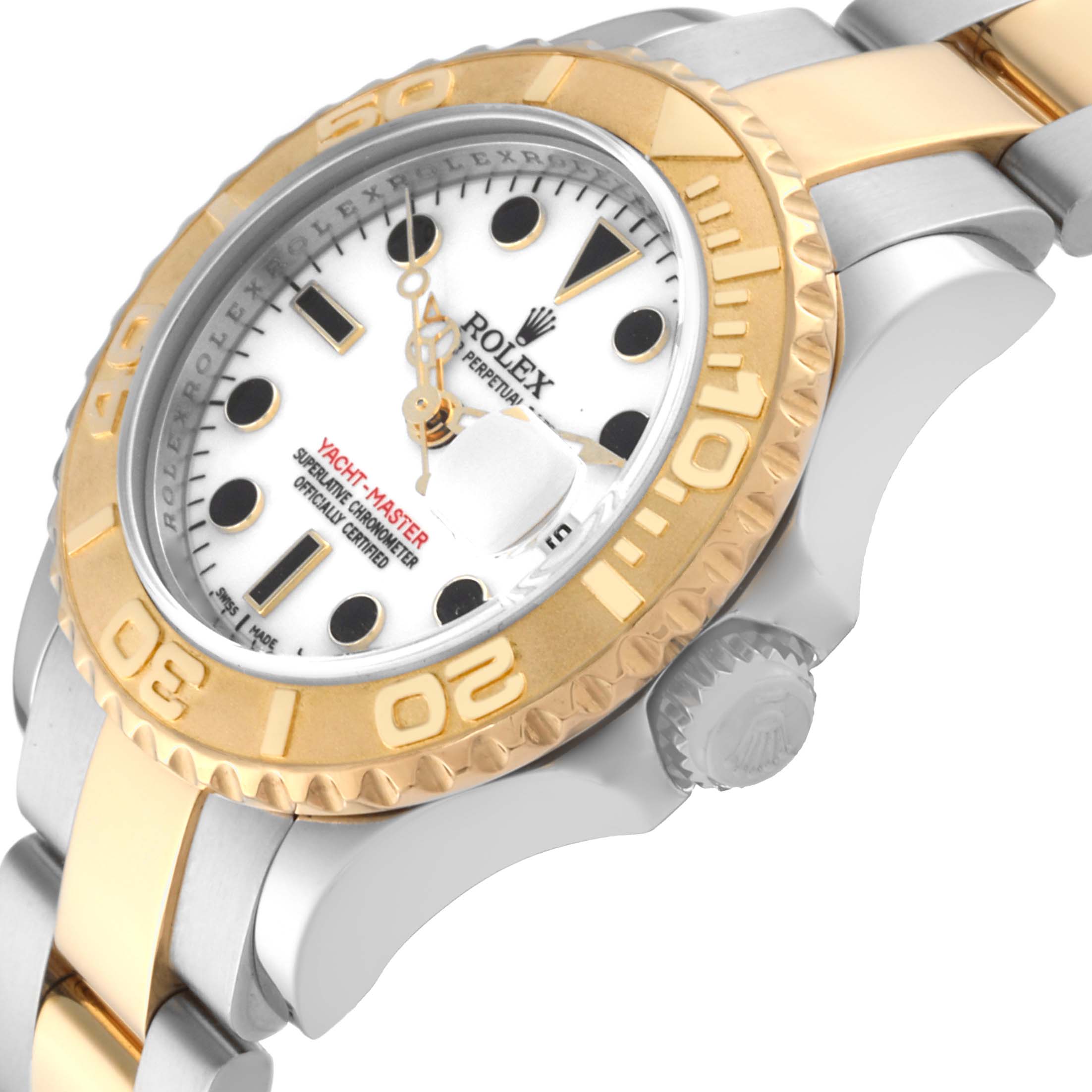 The Rolex Yacht-Master 169623 Women
s Steel and Gold (two tone) White Dial 169623 Women
s Steel and Gold (two tone) White Dial watch is shown at a side angle, highlighting the dial, bezel, crown, and bracelet.