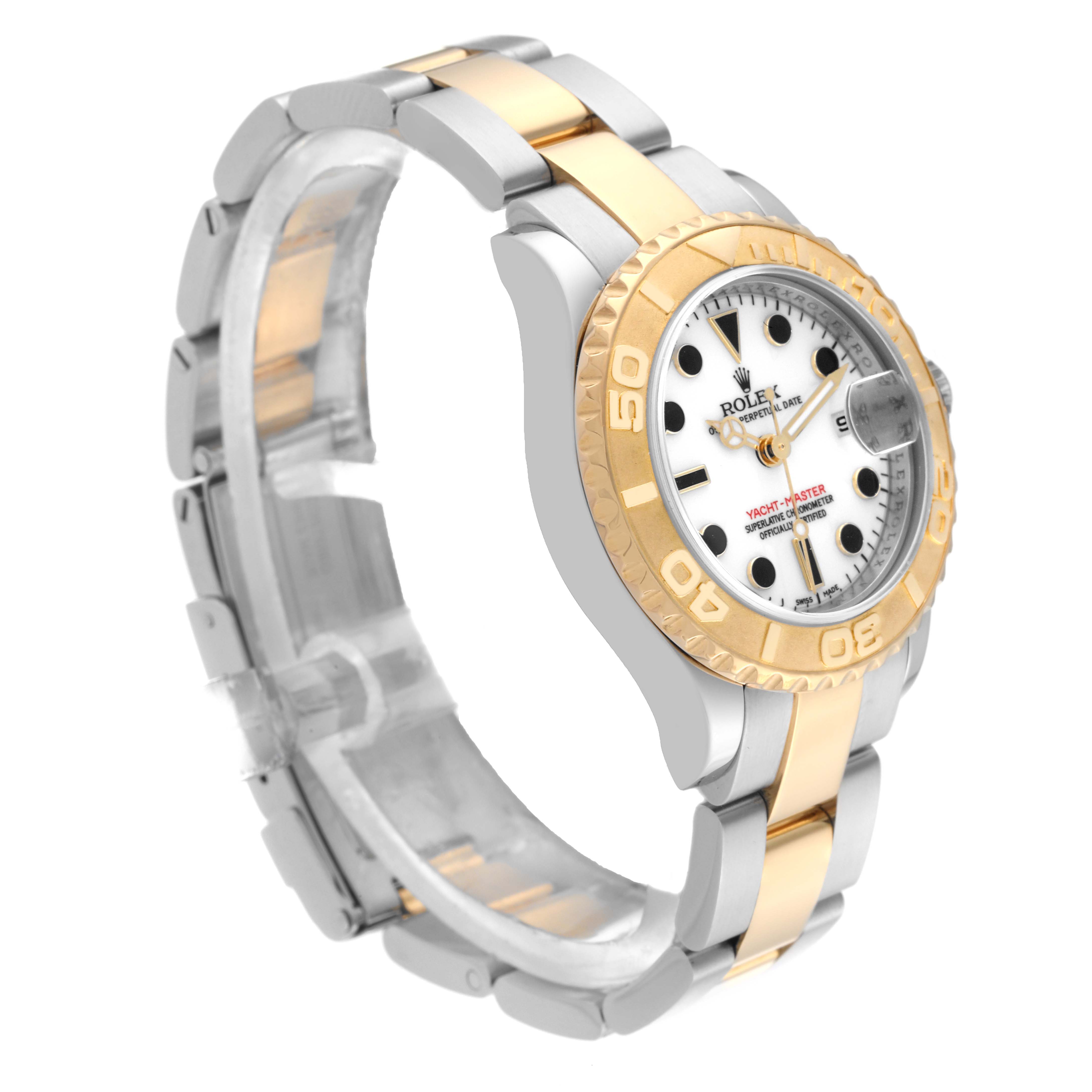 The Rolex Yacht-Master 169623 Women
s Steel and Gold (two tone) White Dial 169623 Women
s Steel and Gold (two tone) White Dial is shown at an angled side view, highlighting the bezel, dial, and bracelet.