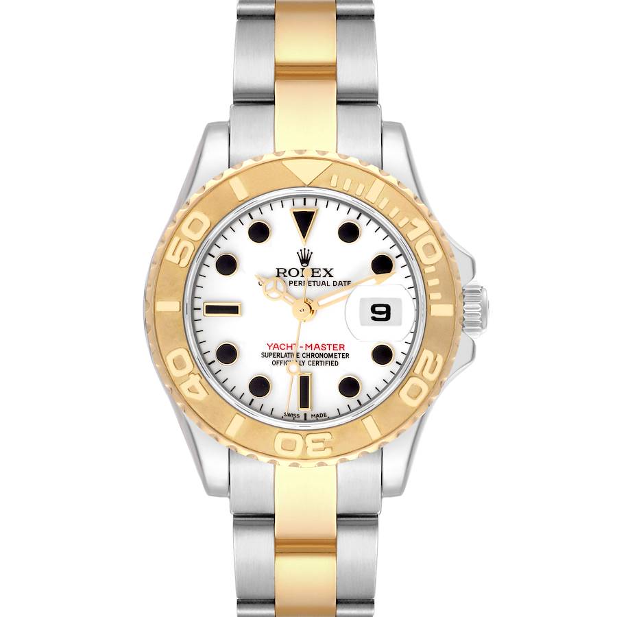 The Rolex Yacht-Master watch is shown from a top-down angle, highlighting its bezel, dial, and two-tone bracelet.