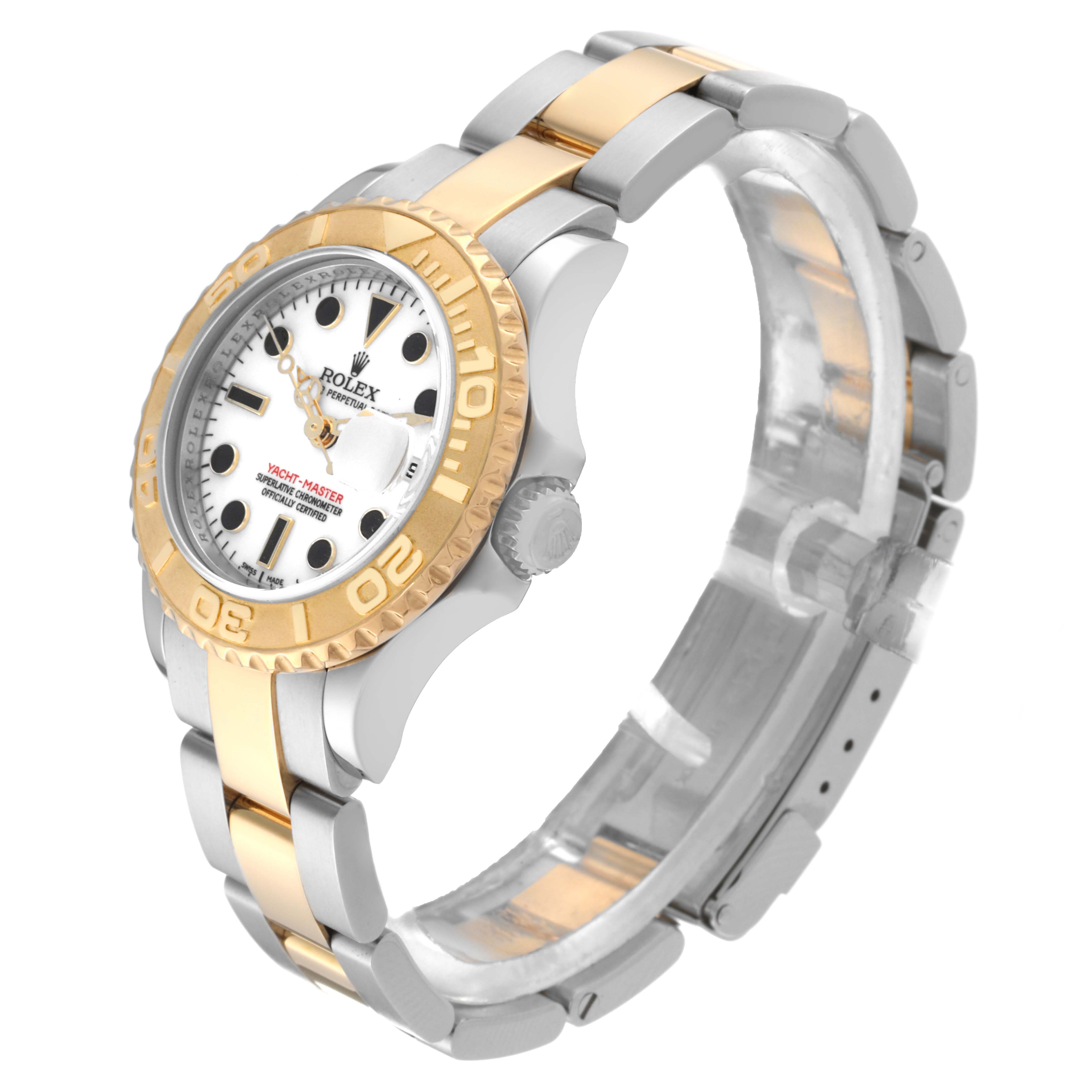 The Rolex Yacht-Master 169623 Women
s Steel and Gold (two tone) White Dial 169623 Women
s Steel and Gold (two tone) White Dial watch is shown at a three-quarter angle, highlighting the bezel, dial, and metal bracelet.