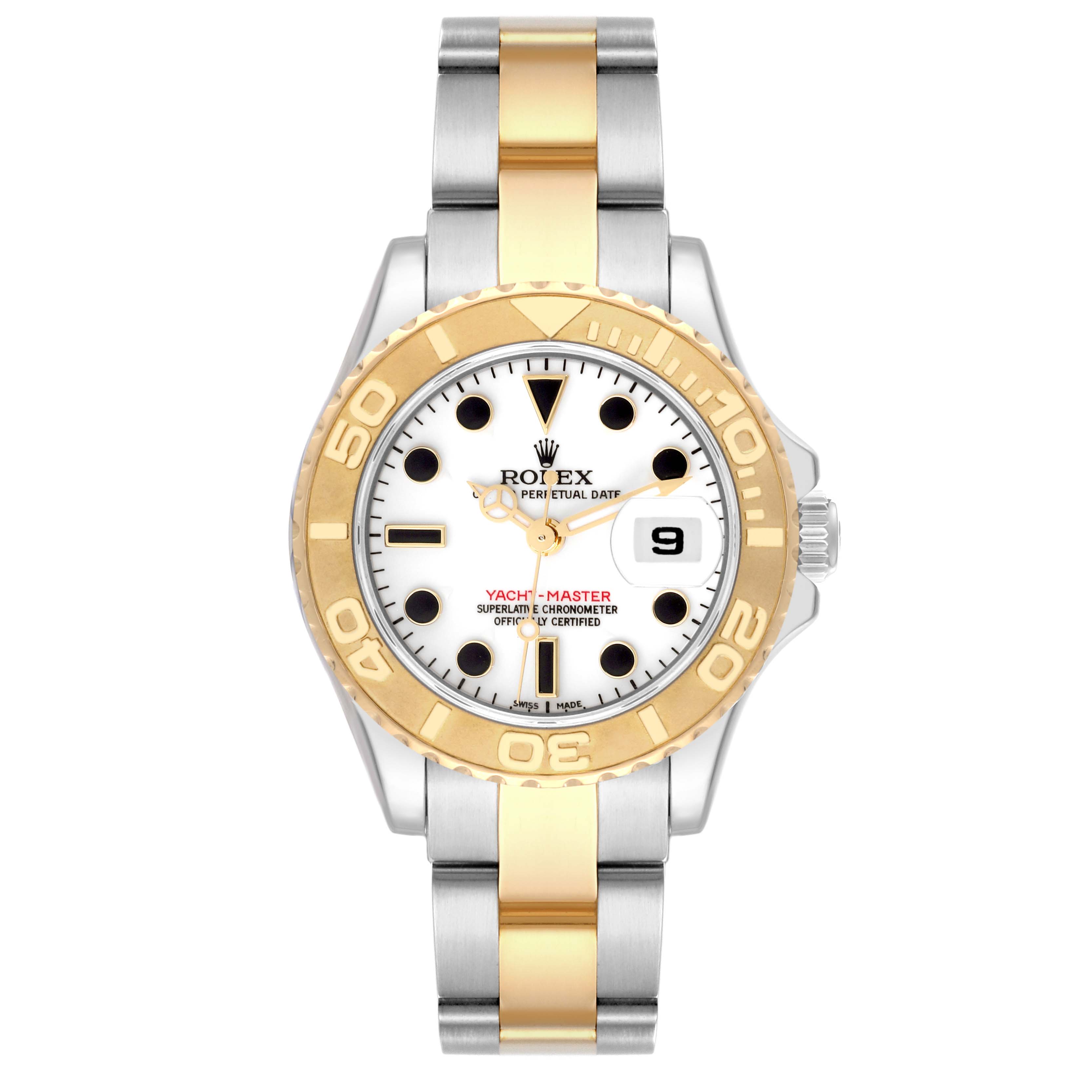 The Rolex Yacht-Master 169623 Women
s Steel and Gold (two tone) White Dial 169623 Women
s Steel and Gold (two tone) White Dial watch is shown from the top, displaying the face, bezel, and bracelet.