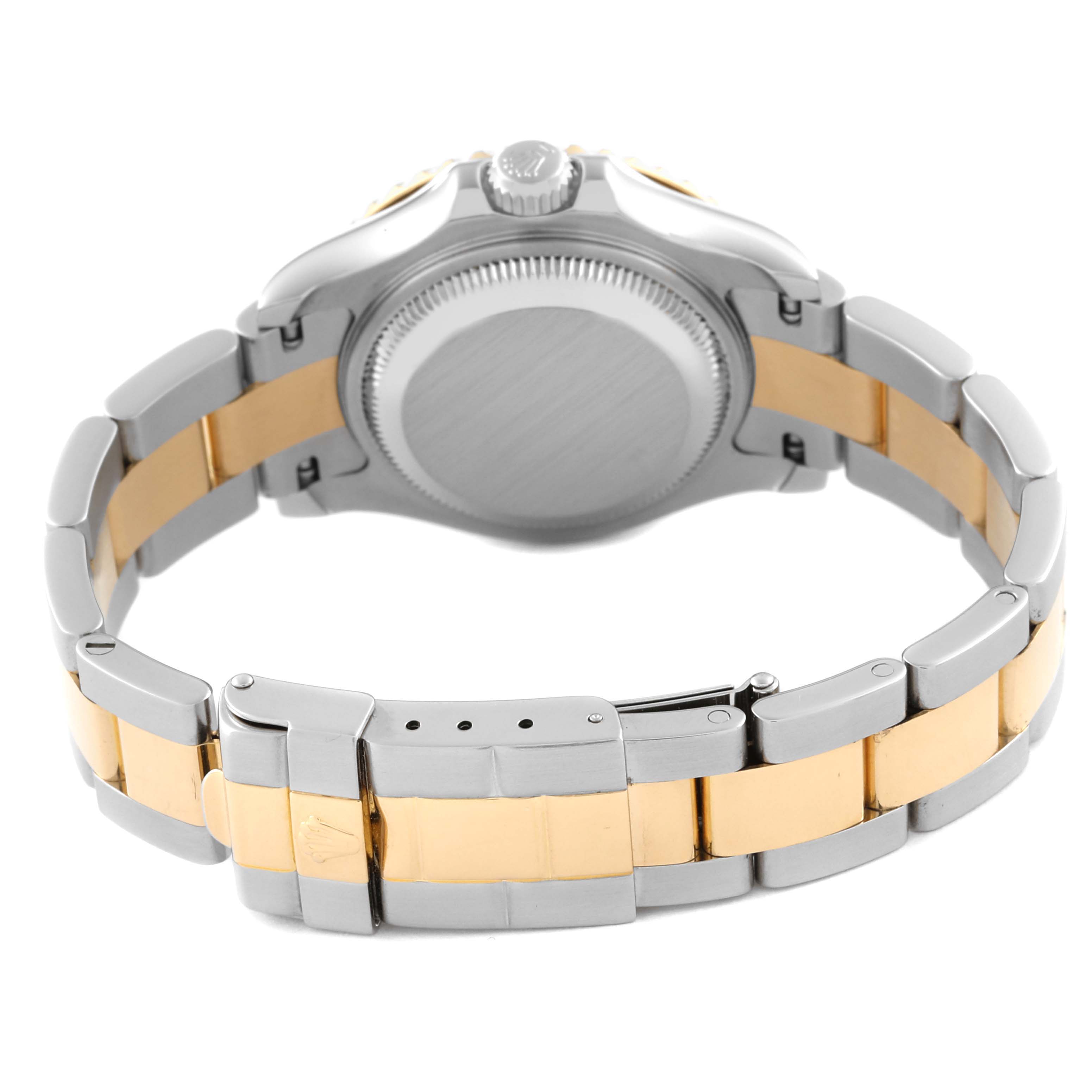 The image shows the back view of a Rolex Yacht-Master 169623 Women
s Steel and Gold (two tone) White Dial 169623 Women
s Steel and Gold (two tone) White Dial, focusing on the case back and two-tone bracelet.