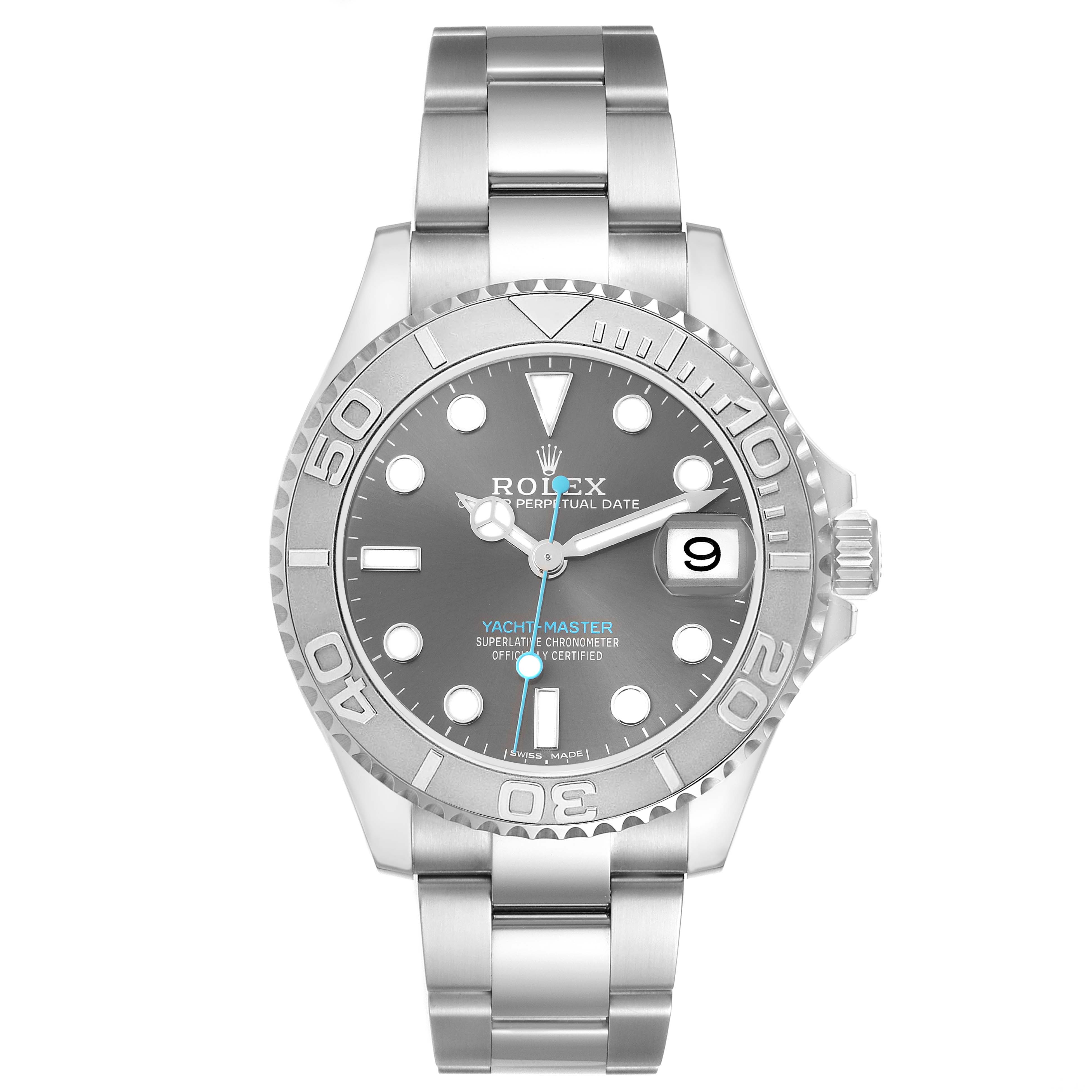 The Rolex Yacht-Master M268622-0002 Men's Stainless Steel Grey Dial M268622-0002 Men's Stainless Steel Grey Dial watch is shown from a top-down angle, highlighting the dial, hands, bezel, bracelet, and crown.