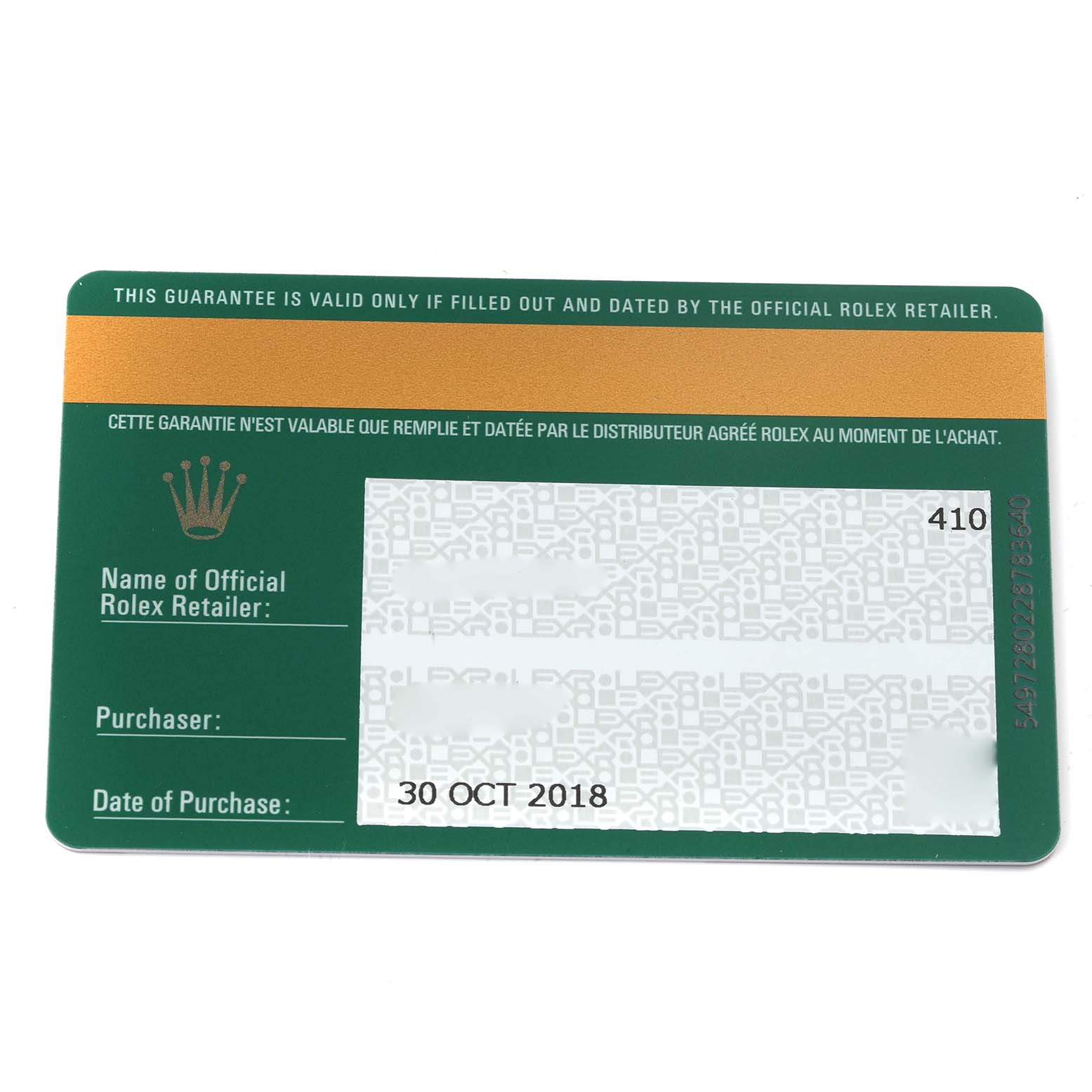 This image shows a warranty card for a Rolex Yacht-Master M268622-0002 Men's Stainless Steel Grey Dial M268622-0002 Men's Stainless Steel Grey Dial watch, displaying purchase details.