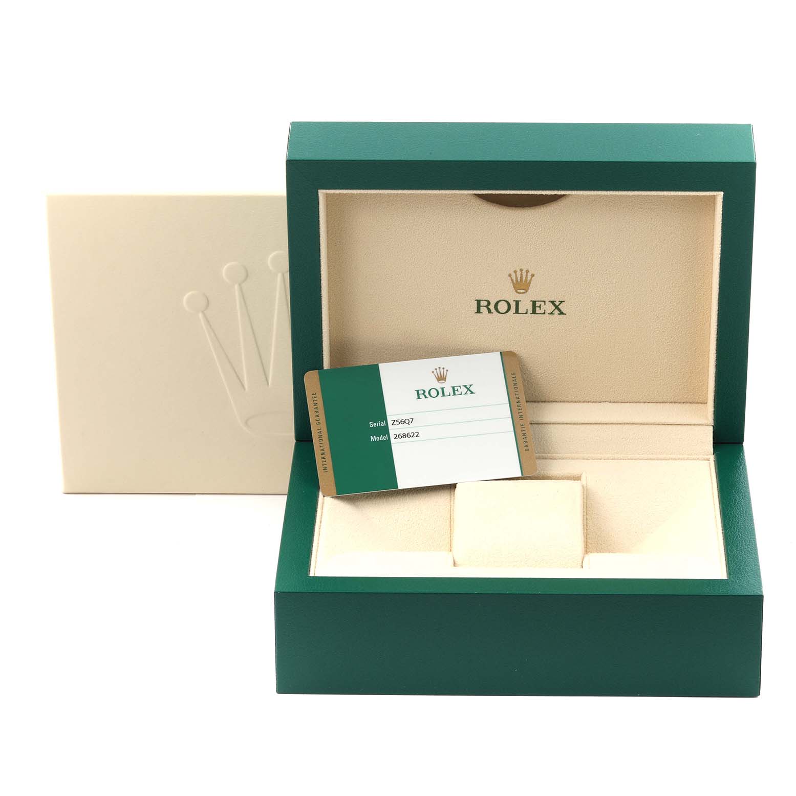 The image shows an empty Rolex Yacht-Master M268622-0002 Men's Stainless Steel Grey Dial M268622-0002 Men's Stainless Steel Grey Dial box and warranty card at a straight angle.