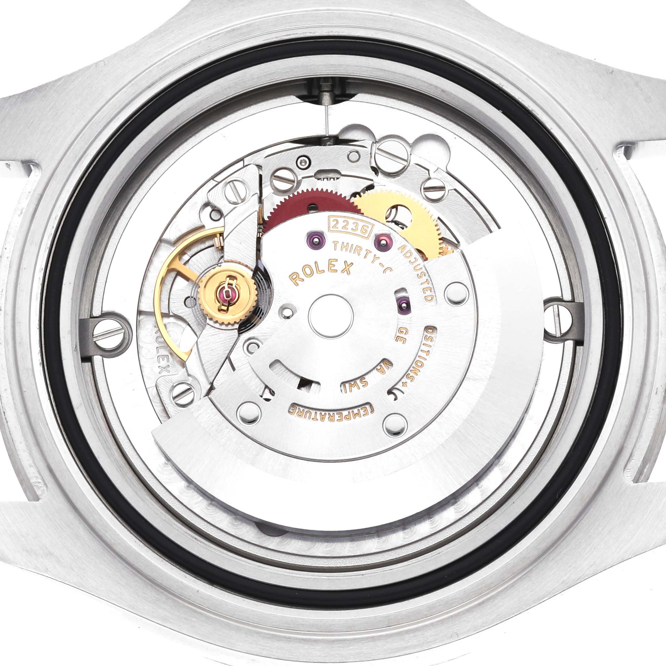 The image shows the internal mechanism from a rear angle of a Rolex Yacht-Master M268622-0002 Men's Stainless Steel Grey Dial M268622-0002 Men's Stainless Steel Grey Dial watch.