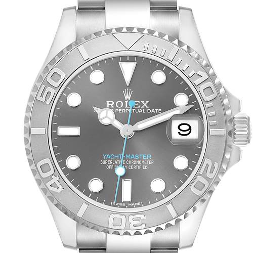 The watch, a Rolex Yacht-Master, is shown from a front angle, highlighting its dial, bezel, and part of the bracelet.