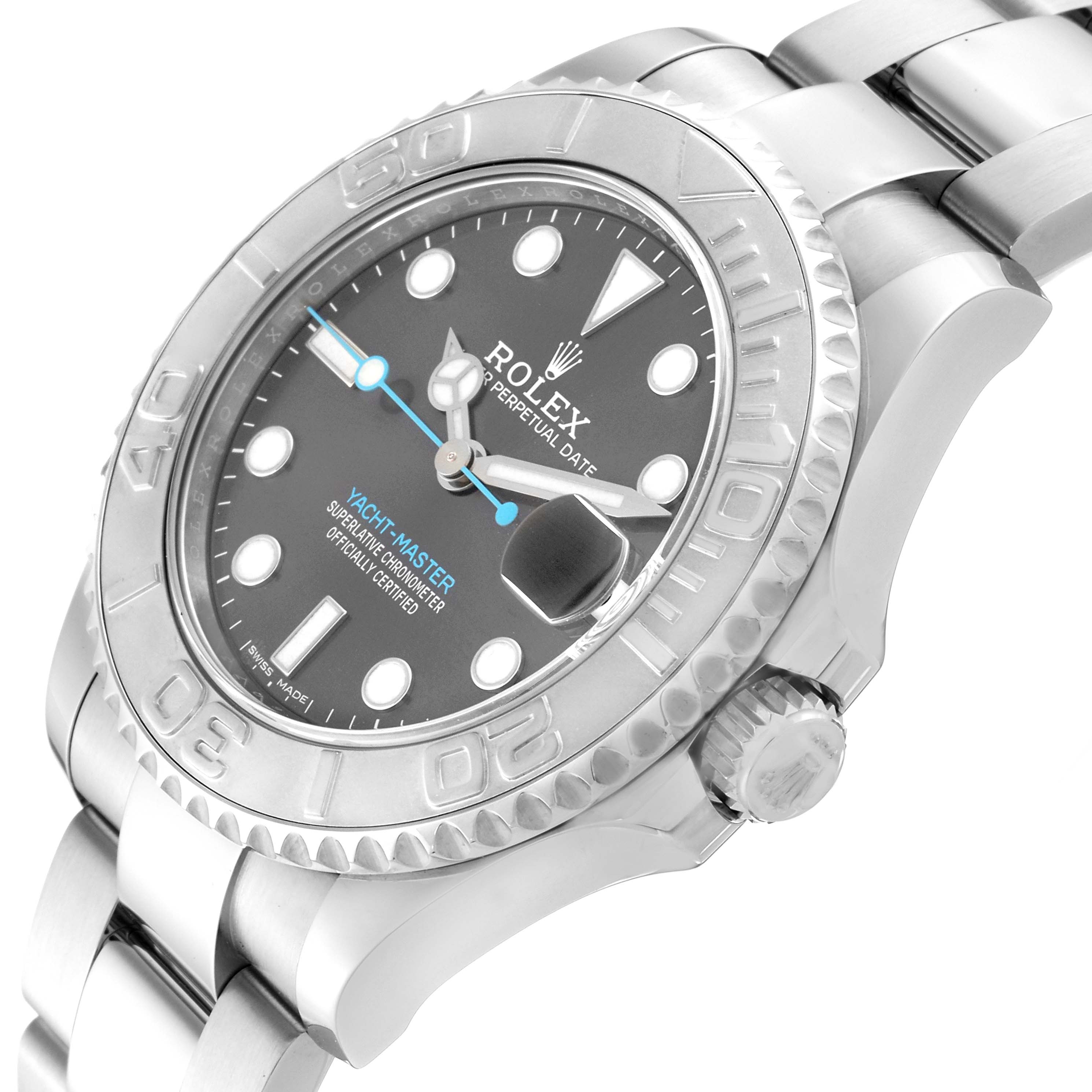 The Rolex Yacht-Master M268622-0002 Men's Stainless Steel Grey Dial M268622-0002 Men's Stainless Steel Grey Dial watch is shown at an oblique angle, highlighting the dial, bezel, and part of the bracelet.