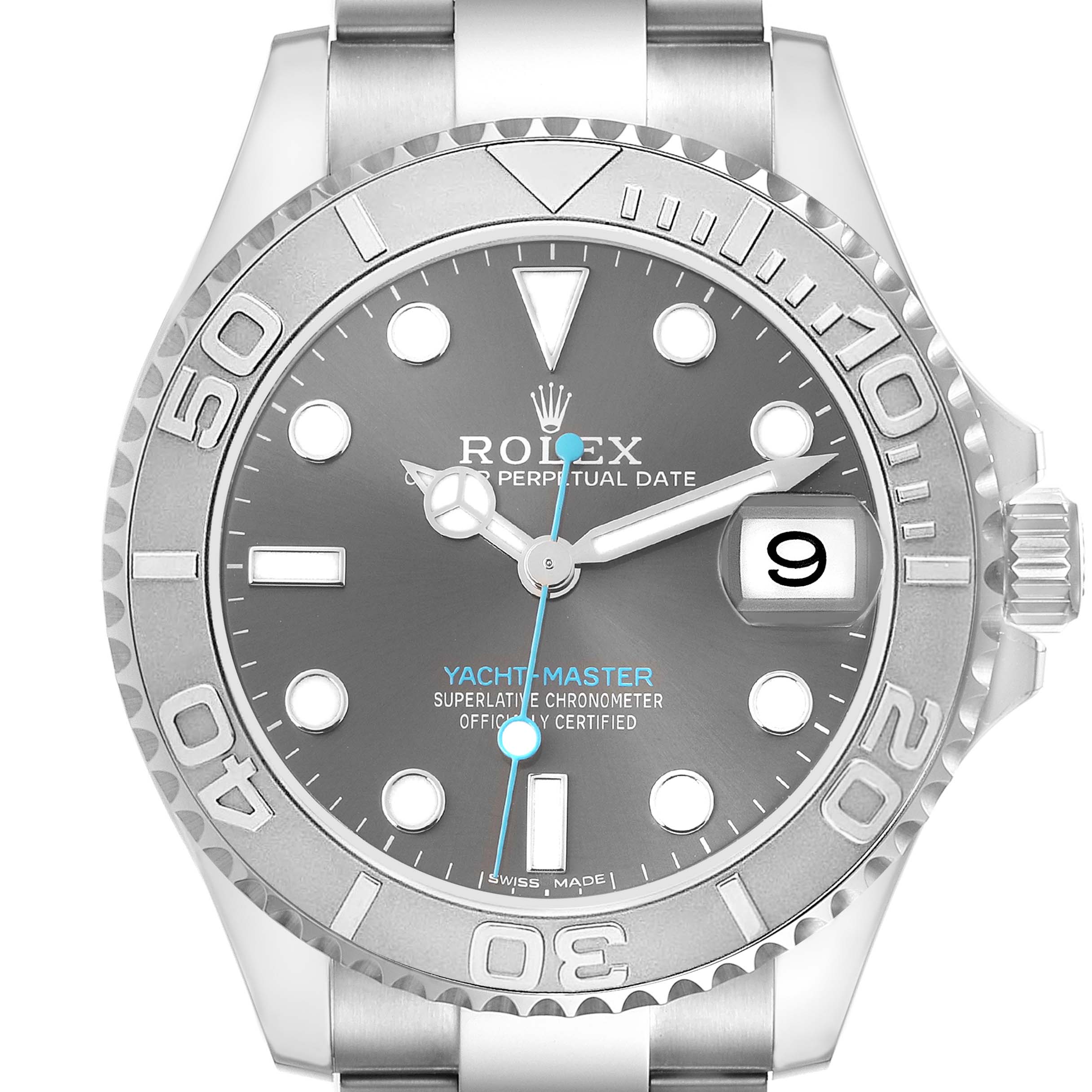 The Rolex Yacht-Master M268622-0002 Men's Stainless Steel Grey Dial M268622-0002 Men's Stainless Steel Grey Dial watch is shown from the front, highlighting the bezel, dial, and bracelet.