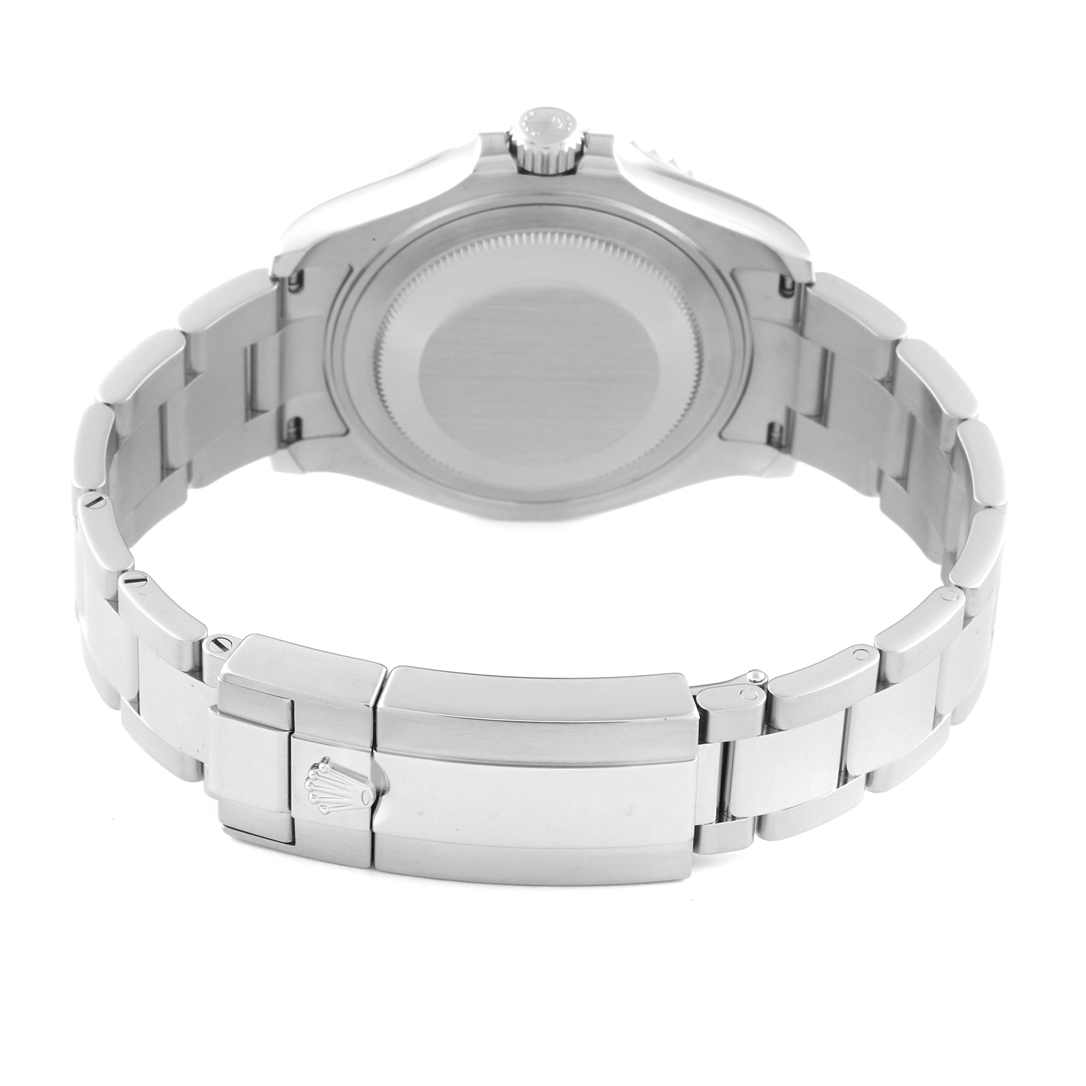 The image shows the back of a Rolex Yacht-Master M268622-0002 Men's Stainless Steel Grey Dial M268622-0002 Men's Stainless Steel Grey Dial watch with its bracelet and clasp fully visible.