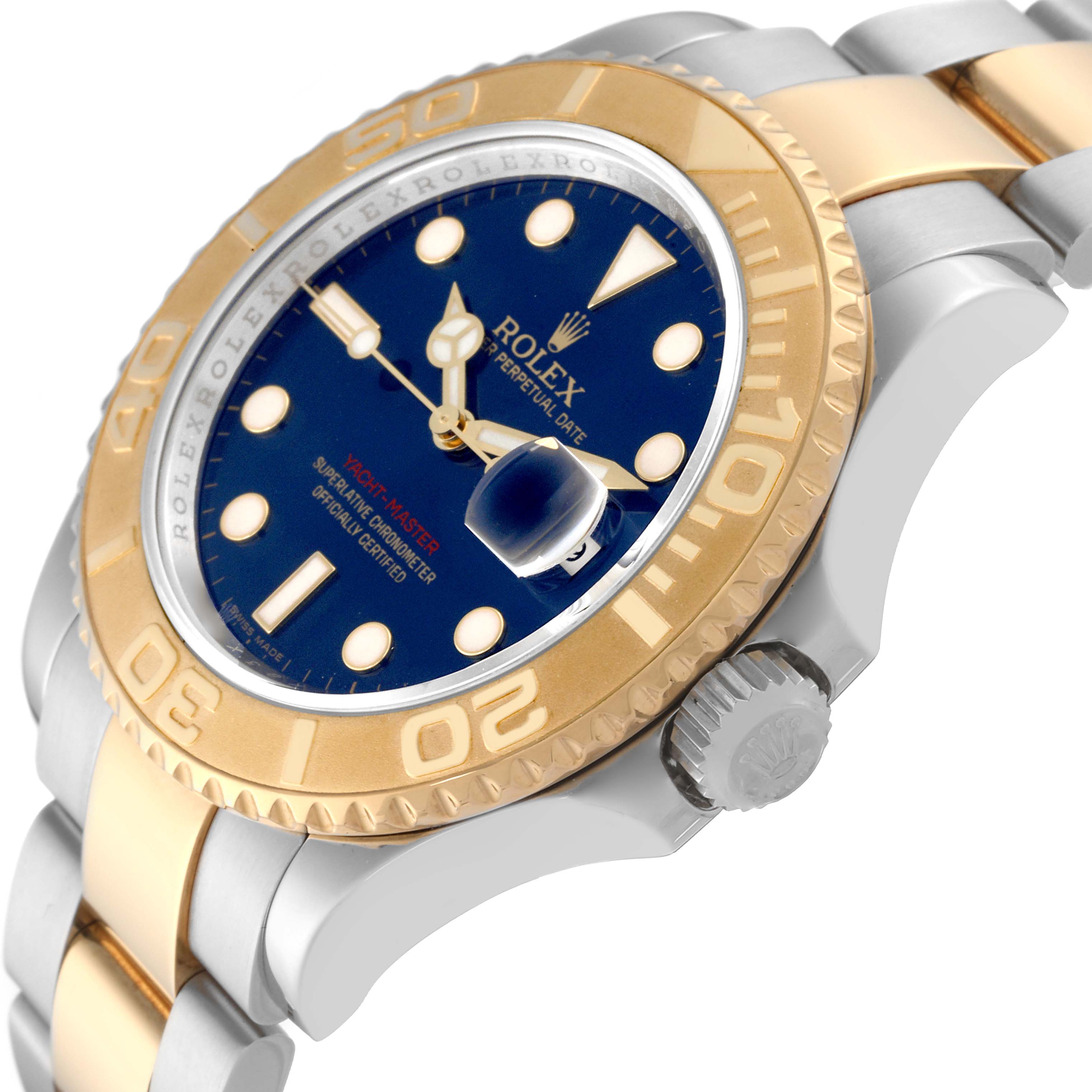 The image shows a side angle of the Rolex Yacht-Master 16623 Men
s Steel and Gold (two tone) Blue Dial 16623 Men
s Steel and Gold (two tone) Blue Dial, highlighting the bezel, crown, and bracelet.