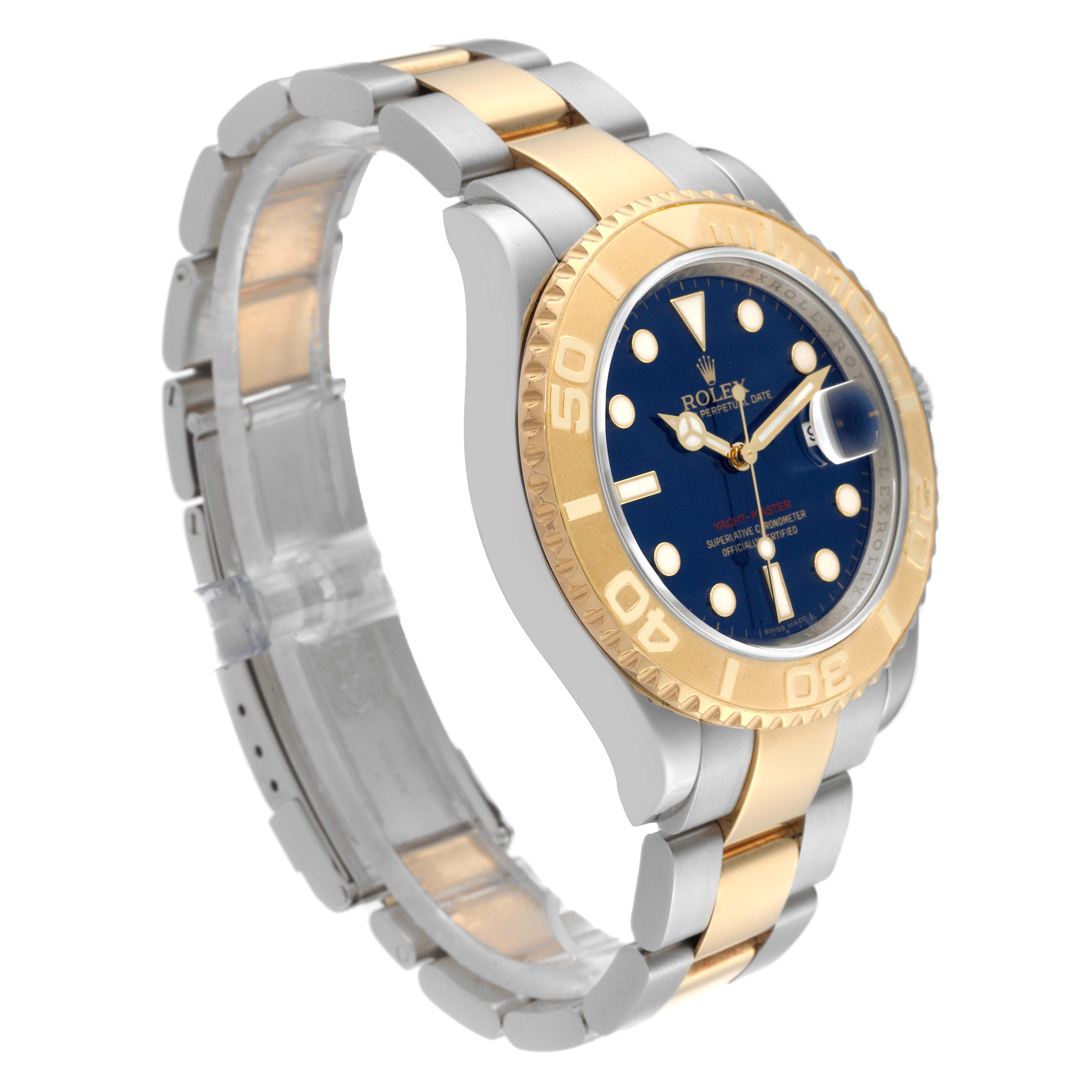 The Rolex Yacht-Master 16623 Men
s Steel and Gold (two tone) Blue Dial 16623 Men
s Steel and Gold (two tone) Blue Dial watch is shown at a 3/4 angle, highlighting the face, bezel, and bracelet.