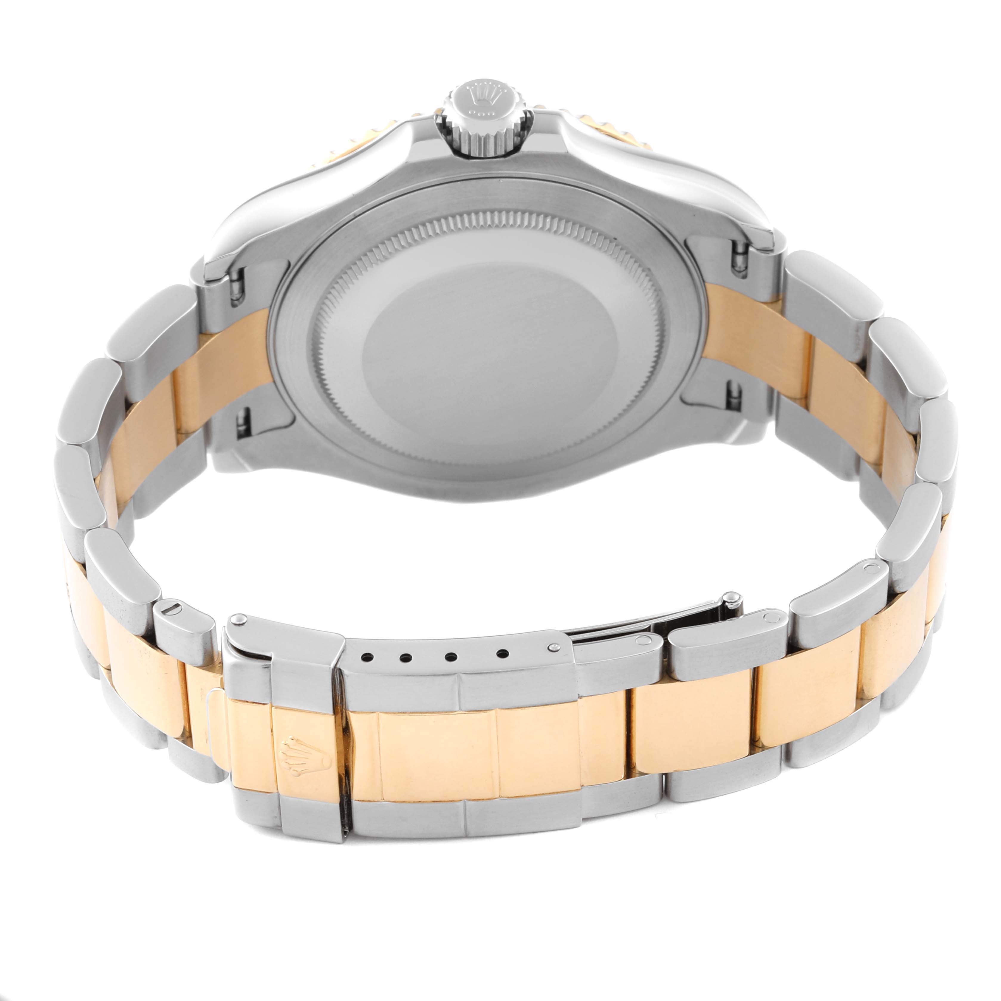 The image shows the back and side of the Rolex Yacht-Master 16623 Men
s Steel and Gold (two tone) Blue Dial 16623 Men
s Steel and Gold (two tone) Blue Dial watch, highlighting the case, crown, and two-tone bracelet.