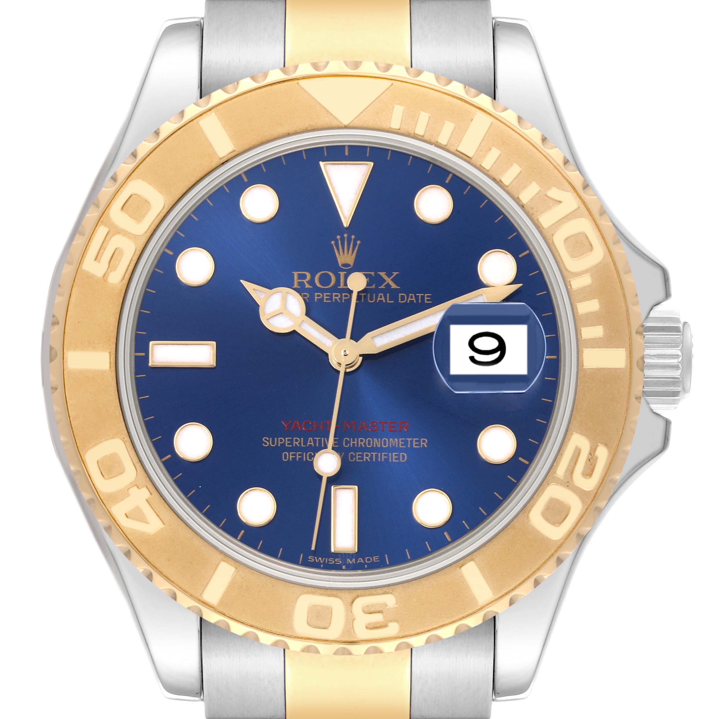 The Rolex Yacht-Master 16623 Men
s Steel and Gold (two tone) Blue Dial 16623 Men
s Steel and Gold (two tone) Blue Dial watch is shown from a frontal angle, highlighting the face, bezel, crown, and bracelet.