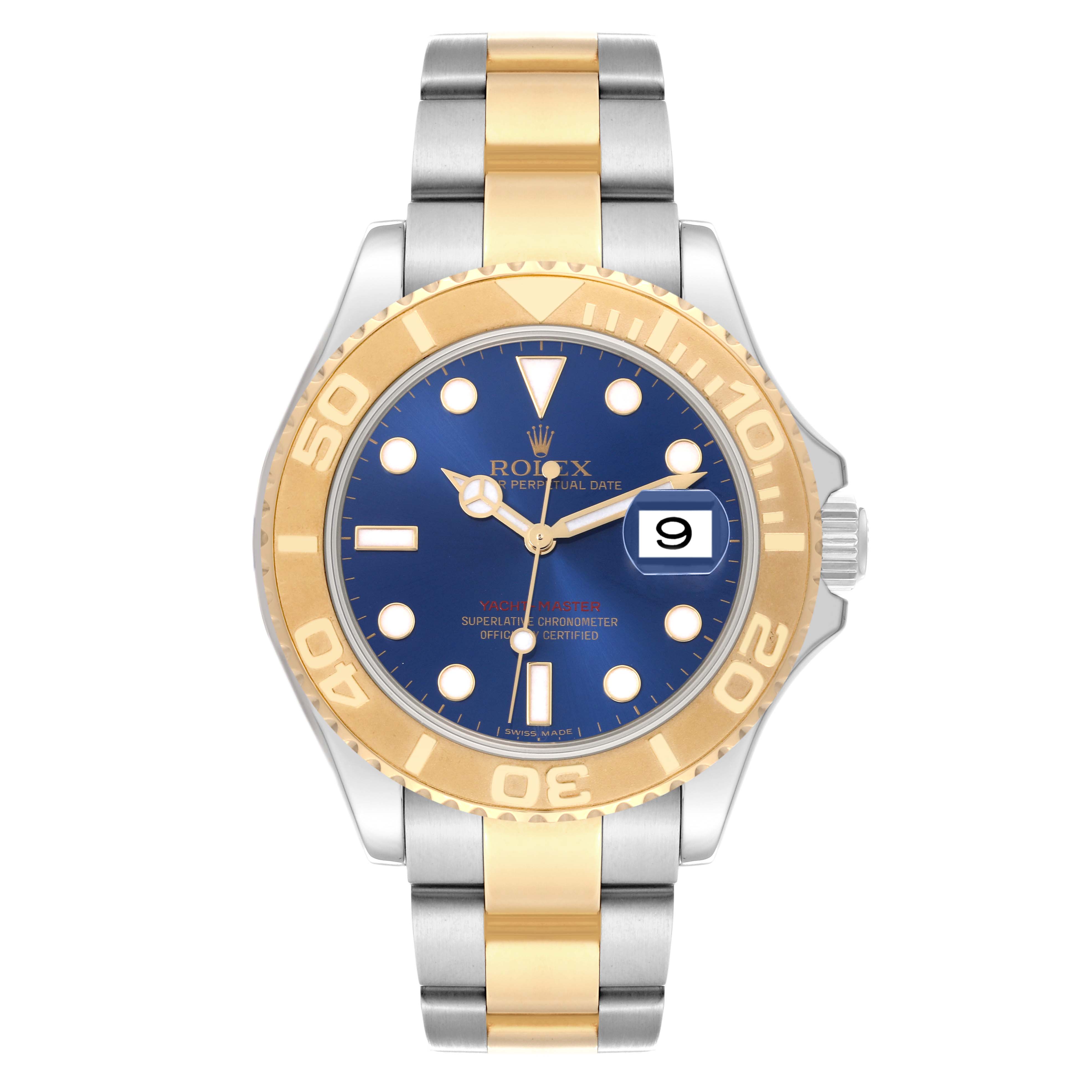 The Rolex Yacht-Master 16623 Men
s Steel and Gold (two tone) Blue Dial 16623 Men
s Steel and Gold (two tone) Blue Dial watch is shown from a front angle, displaying the dial and gold/silver bracelet.