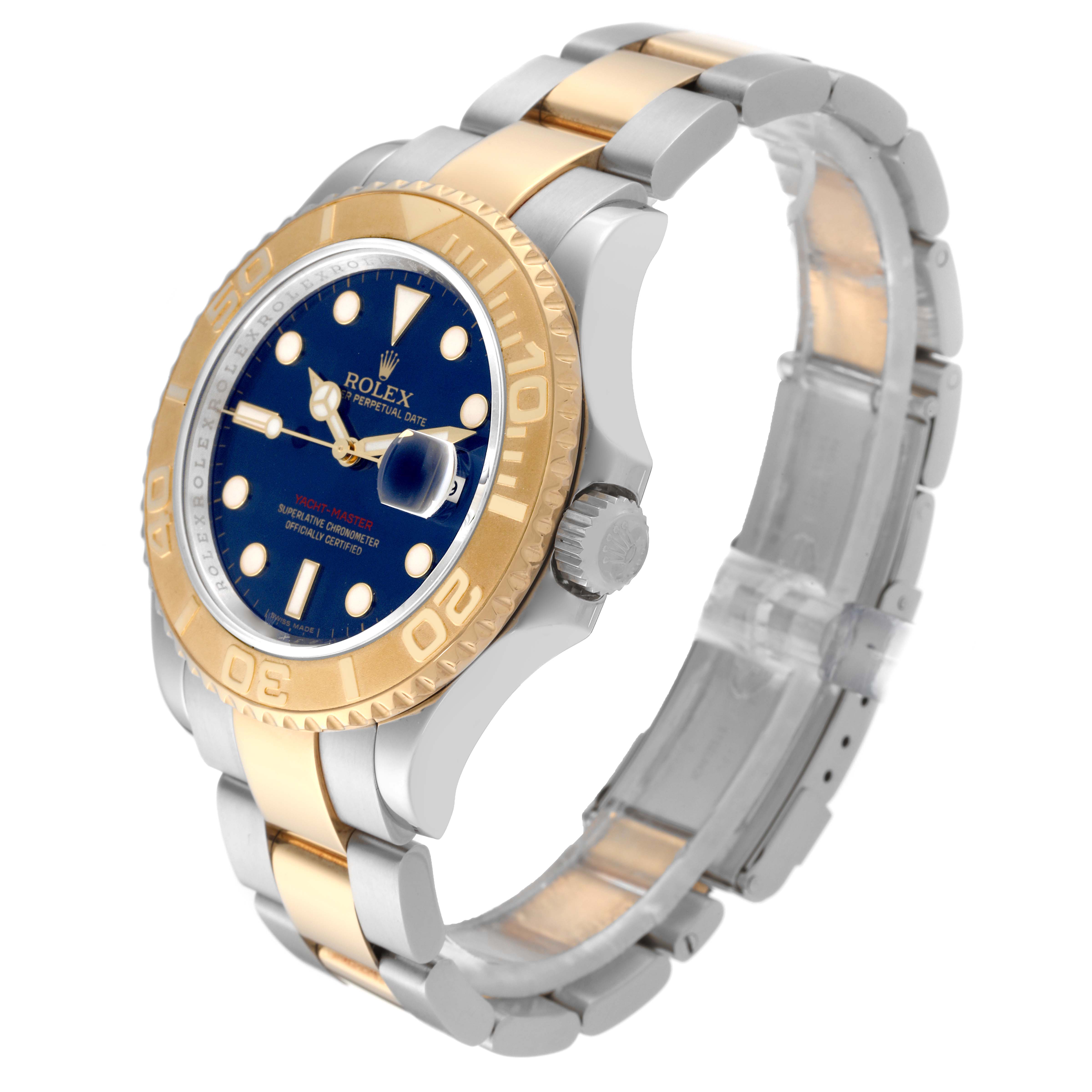 The Rolex Yacht-Master 16623 Men
s Steel and Gold (two tone) Blue Dial 16623 Men
s Steel and Gold (two tone) Blue Dial is shown at a three-quarter angle, displaying the dial, bezel, and bracelet.