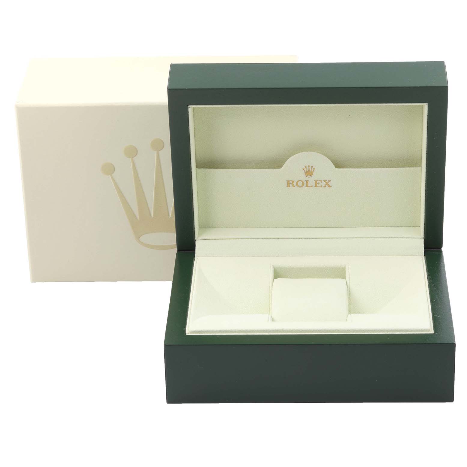 The image shows an open green and beige Rolex Yacht-Master 16623 Men
s Steel and Gold (two tone) Blue Dial 16623 Men
s Steel and Gold (two tone) Blue Dial watch box from a front angle, with the brand logo inside.