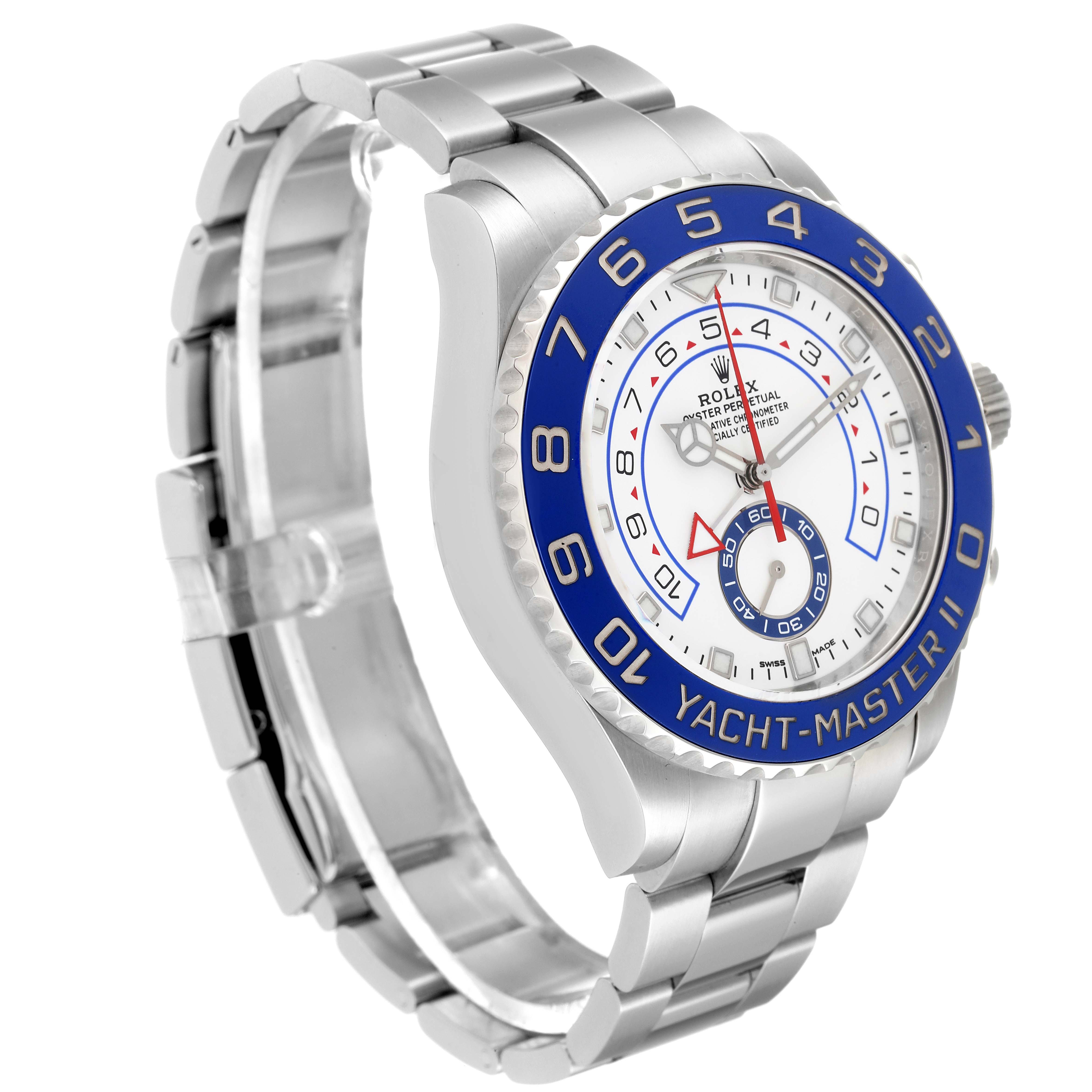 This image shows a side angle of the Rolex Yacht-Master 116680 Men's Stainless Steel White Dial 116680 Men's Stainless Steel White Dial watch, highlighting its bezel, dial, and metal bracelet.