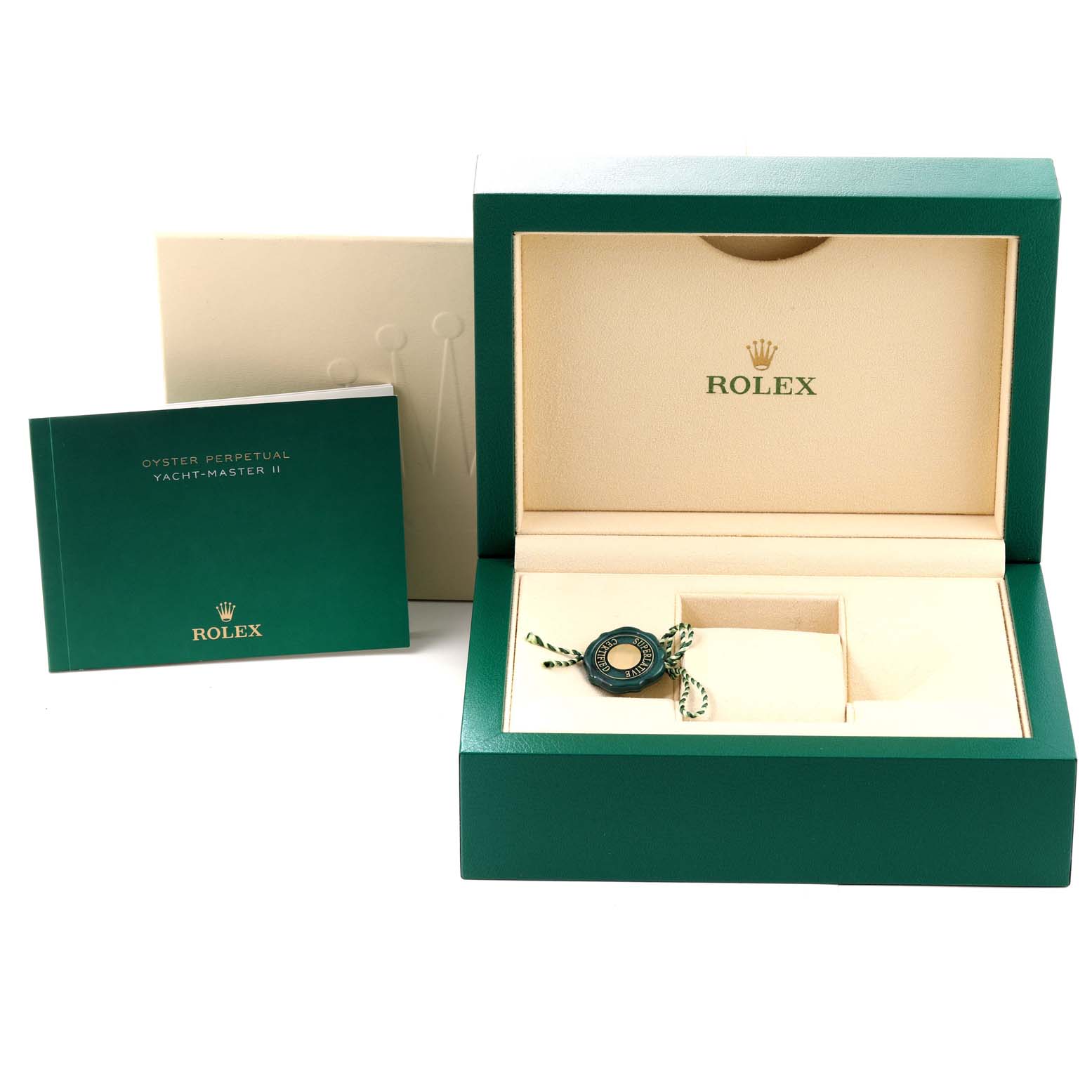 The image shows the open box, booklet, and hang tag for a Rolex Yacht-Master 116680 Men's Stainless Steel White Dial 116680 Men's Stainless Steel White Dial watch.