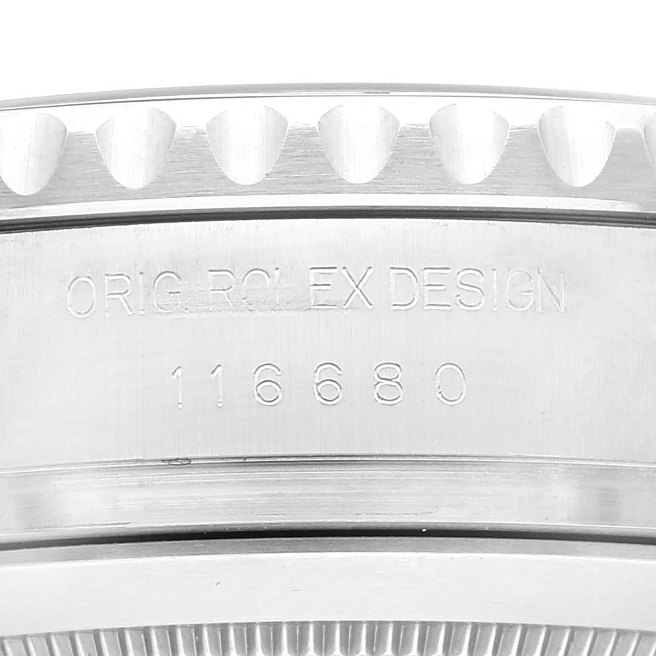This close-up image shows the bezel and part of the case of the Rolex Yacht-Master 116680 Men's Stainless Steel White Dial 116680 Men's Stainless Steel White Dial watch, inscribed with "ORIG. ROLEX DESIGN" and "116680".