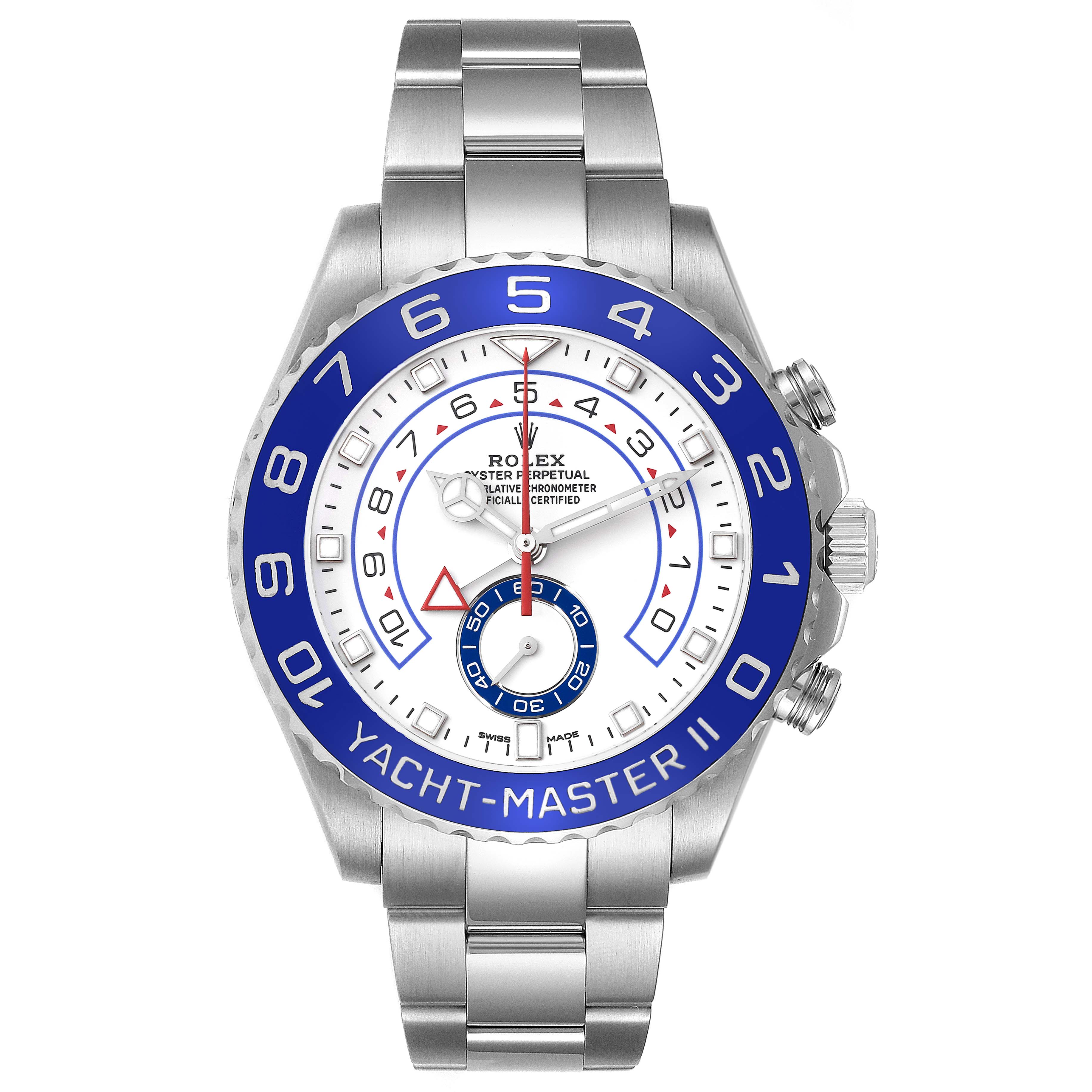 The Rolex Yacht-Master 116680 Men's Stainless Steel White Dial 116680 Men's Stainless Steel White Dial watch is shown from a front angle, displaying its face, bezel, and bracelet in silver and blue tones.