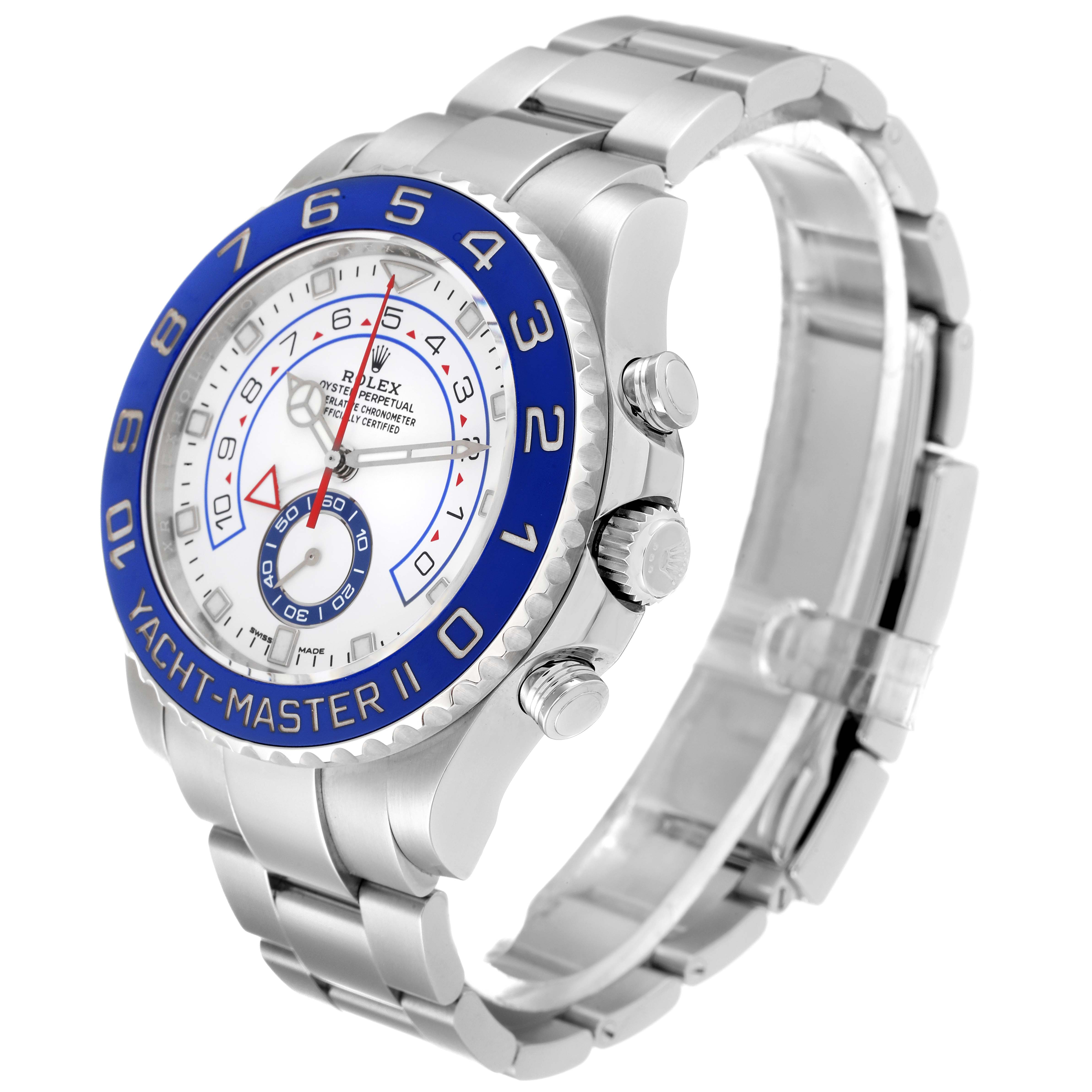 This image shows a Rolex Yacht-Master 116680 Men's Stainless Steel White Dial 116680 Men's Stainless Steel White Dial watch from a three-quarter angle, highlighting the dial, bezel, crown, and bracelet.